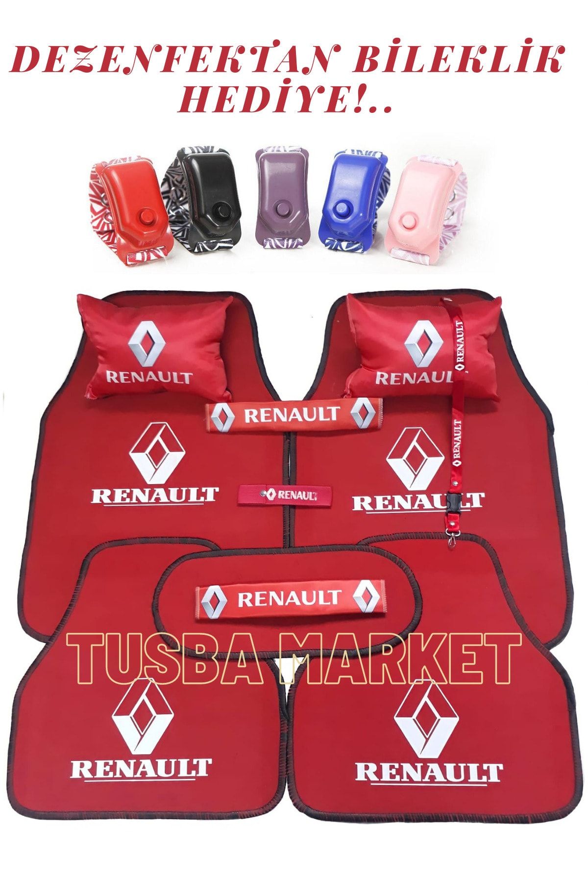 TUSBA MARKET Renault Logolu 5 Parça Kırmızı Oto Halı Paspas / Kırmızı Yastık Kemer Pedi / Oto Aksesuar