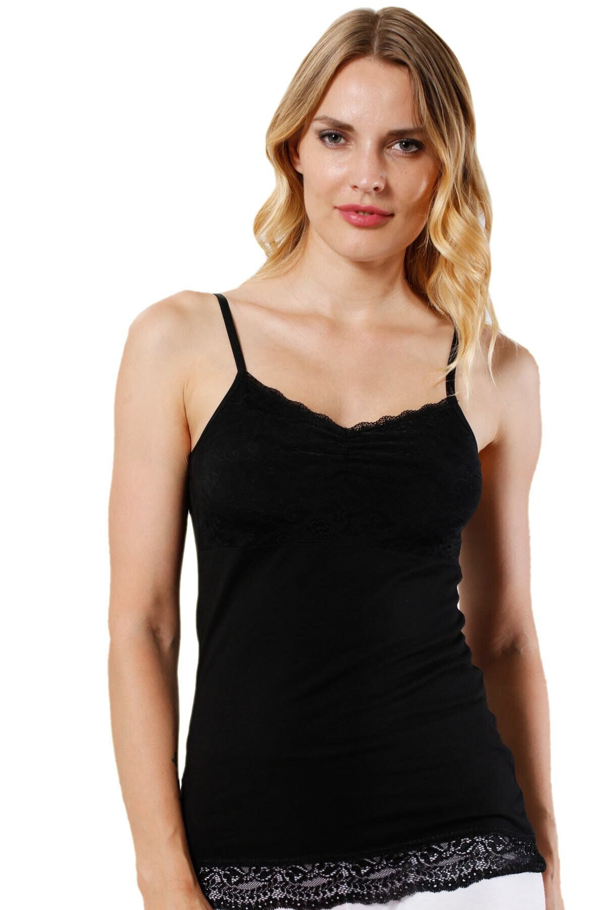 ÖZKAN underwear Özkan 24186 Kadın Pamuklu Likralı Süprem Dantel Kuplu Ince Askılı Atlet