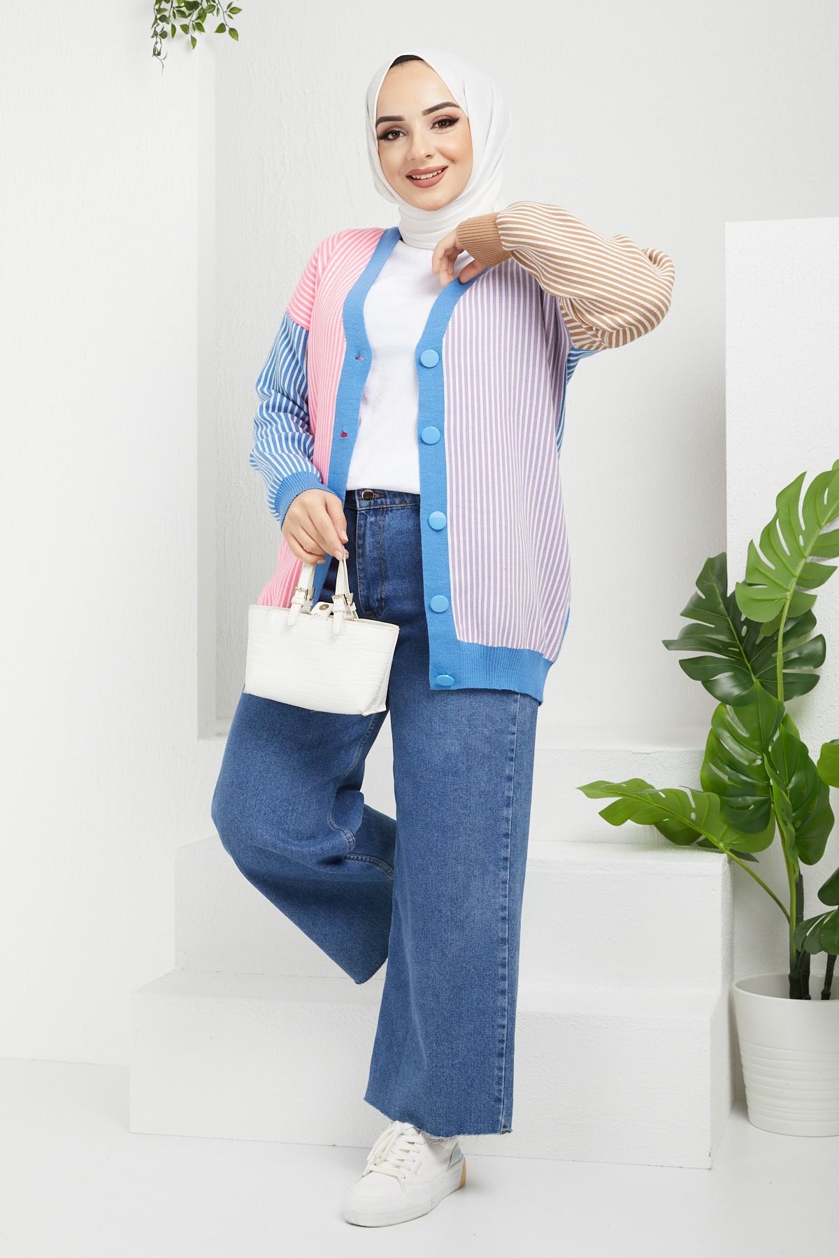 İmajButik Çizgi Detaylı Düğmeli Triko Hırka/mavi-pembe
