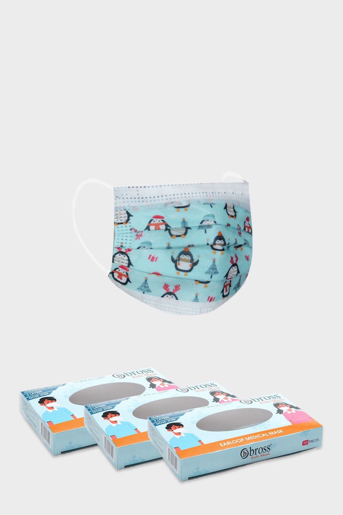 Bross 10'lu 3 Kutu Penguen Desenli Çocuk Medikal Maskesi