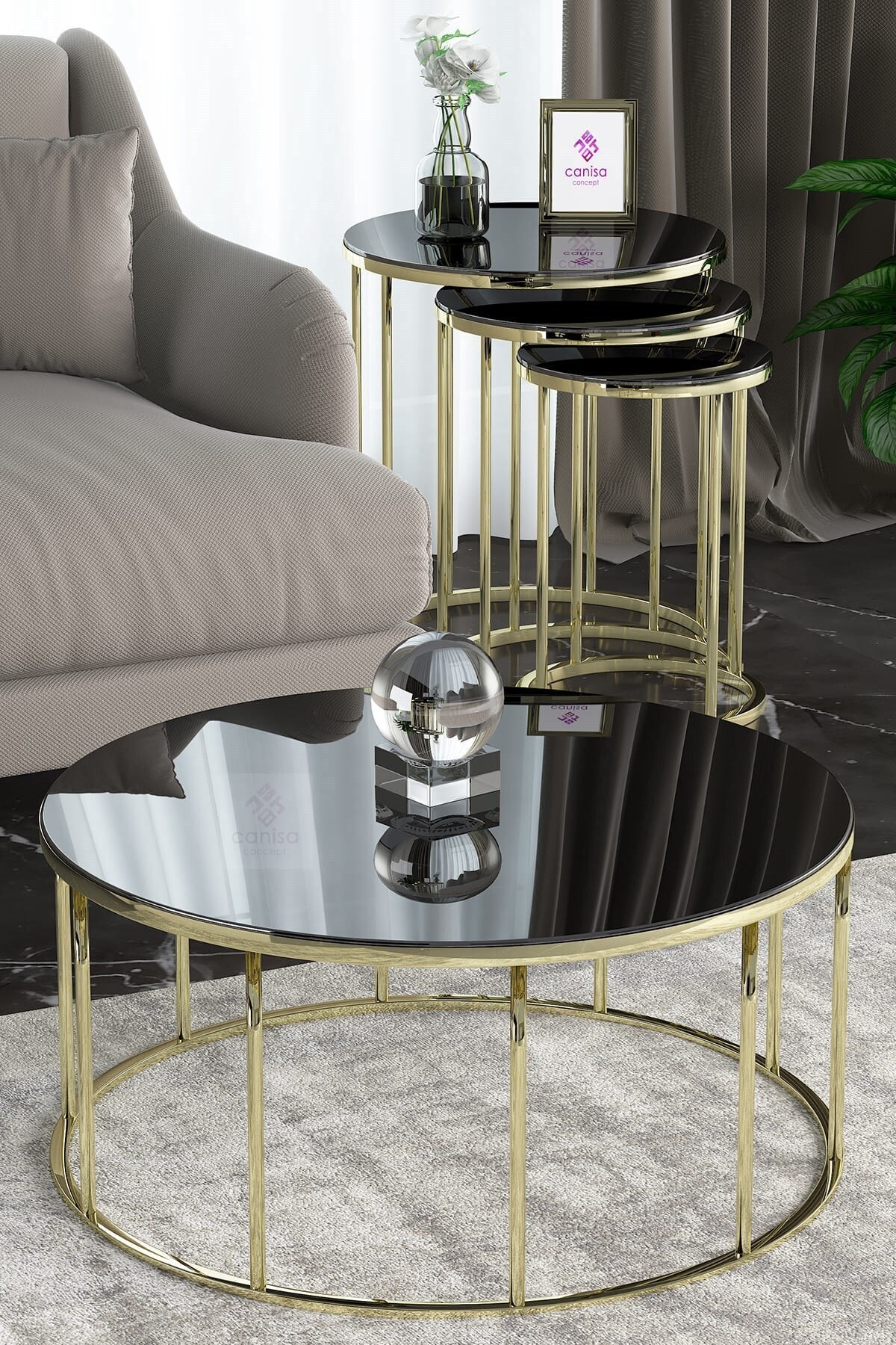 Canisa Concept Milano Serisi, Kırılmaz Temperli Cam, 3lü Zigon Sehpa Ve Orta Sehpa Takımı, Siyah Cam, Gold Ayak