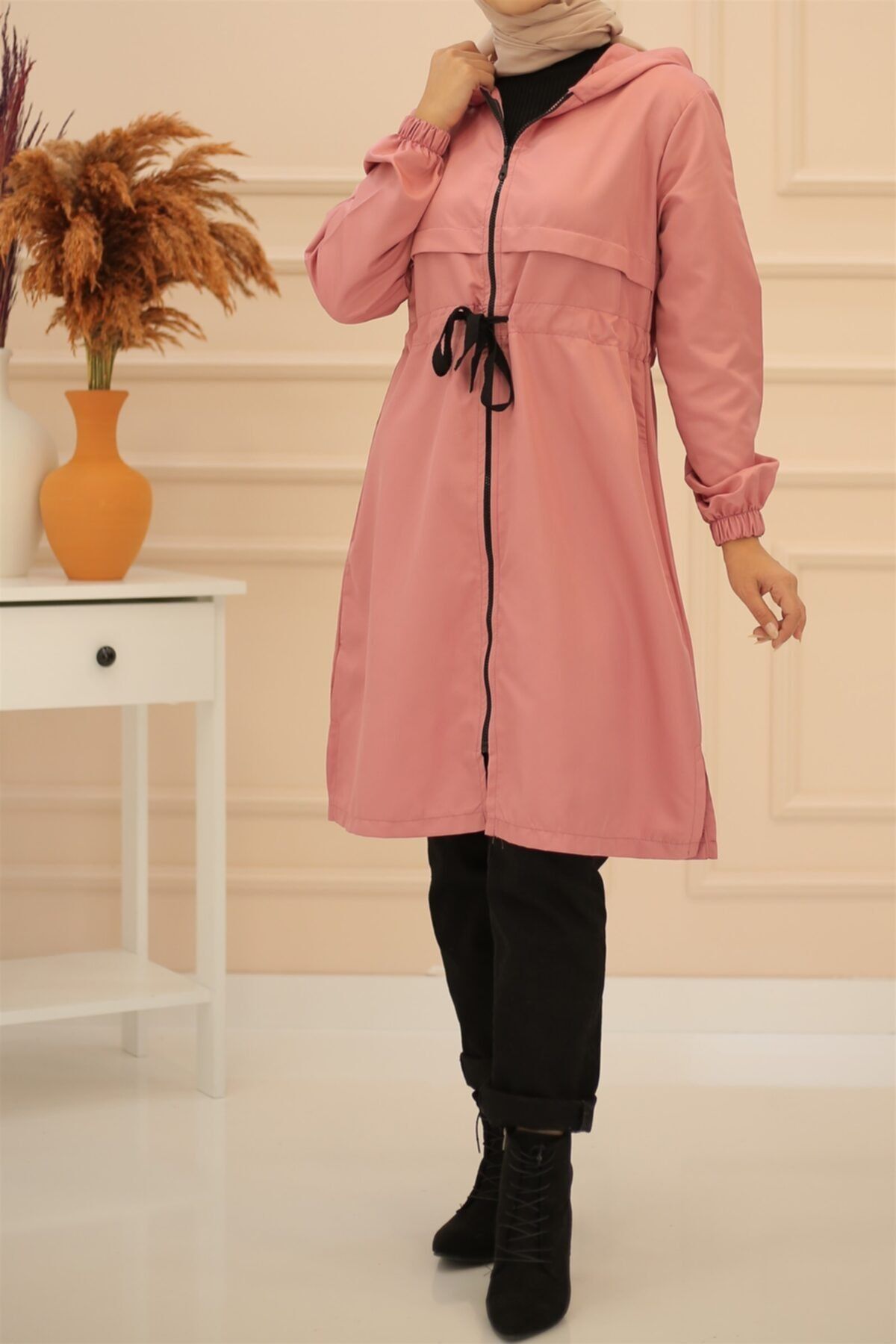 İmajButik Belden Bağlamalı Kapşonlu Yağmurluk/pudra