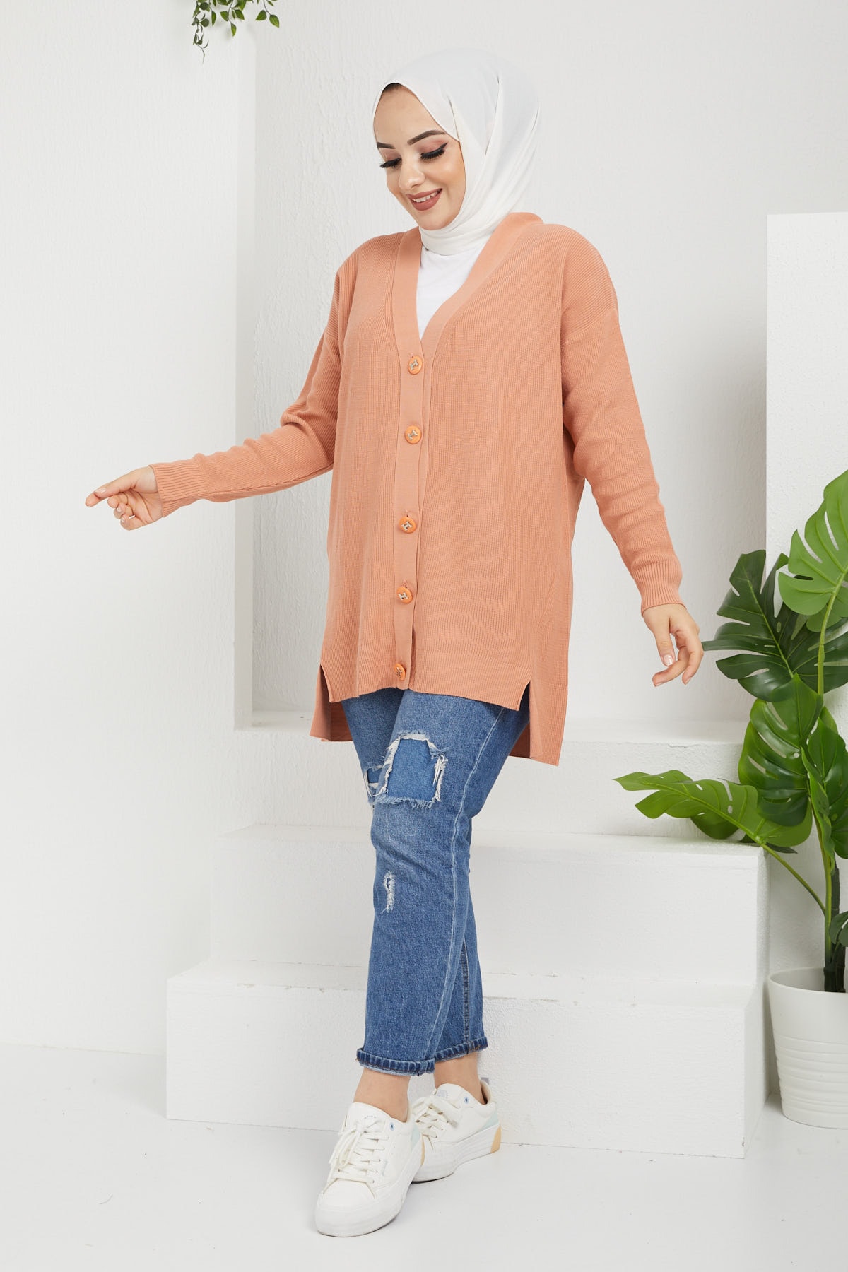 İmajButik Düğmeli Triko Hırka/somon