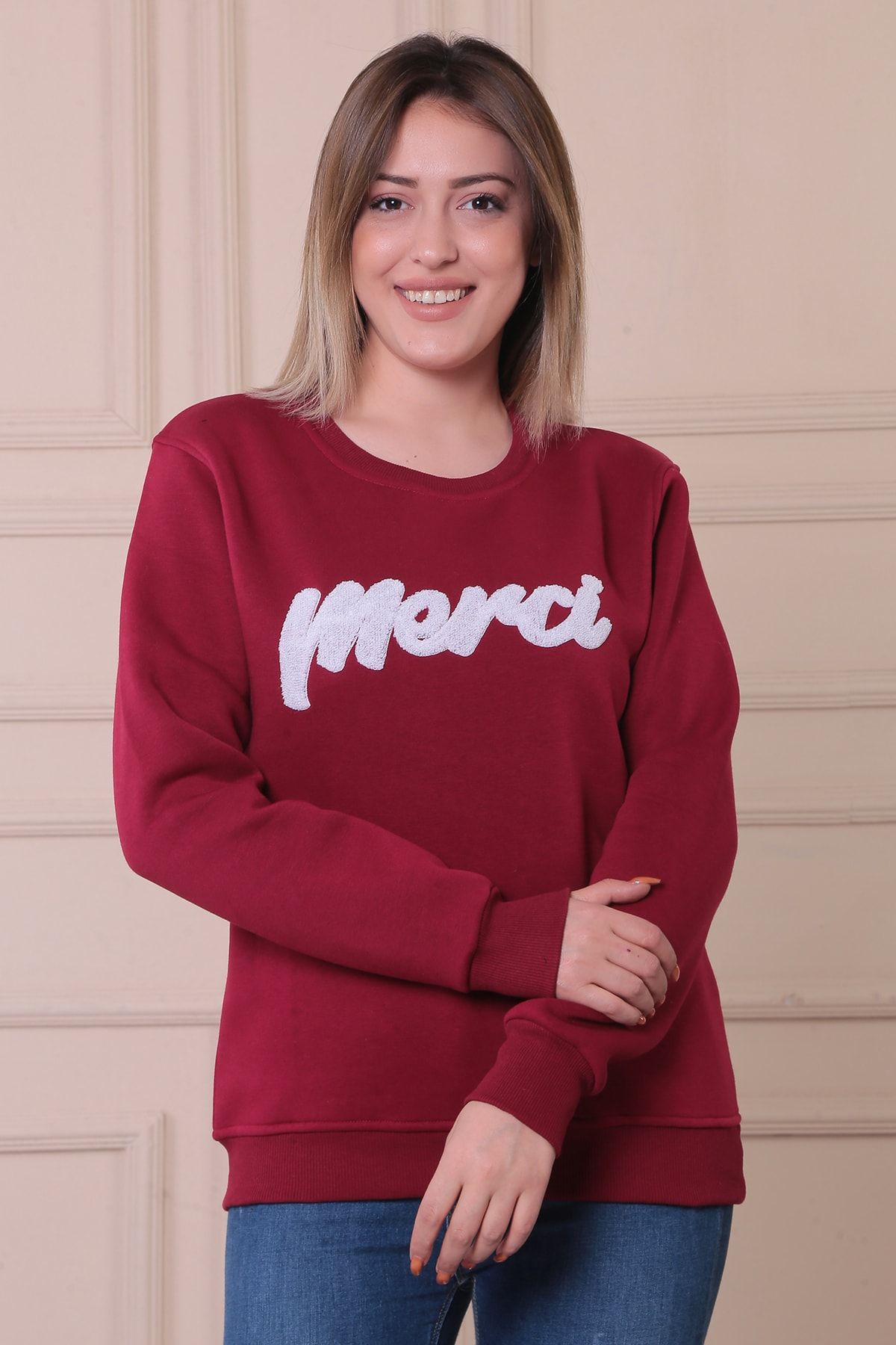 Gabaya Kadın Bordo Merci Nakışlı Bisiklet Yaka Sweatshirt
