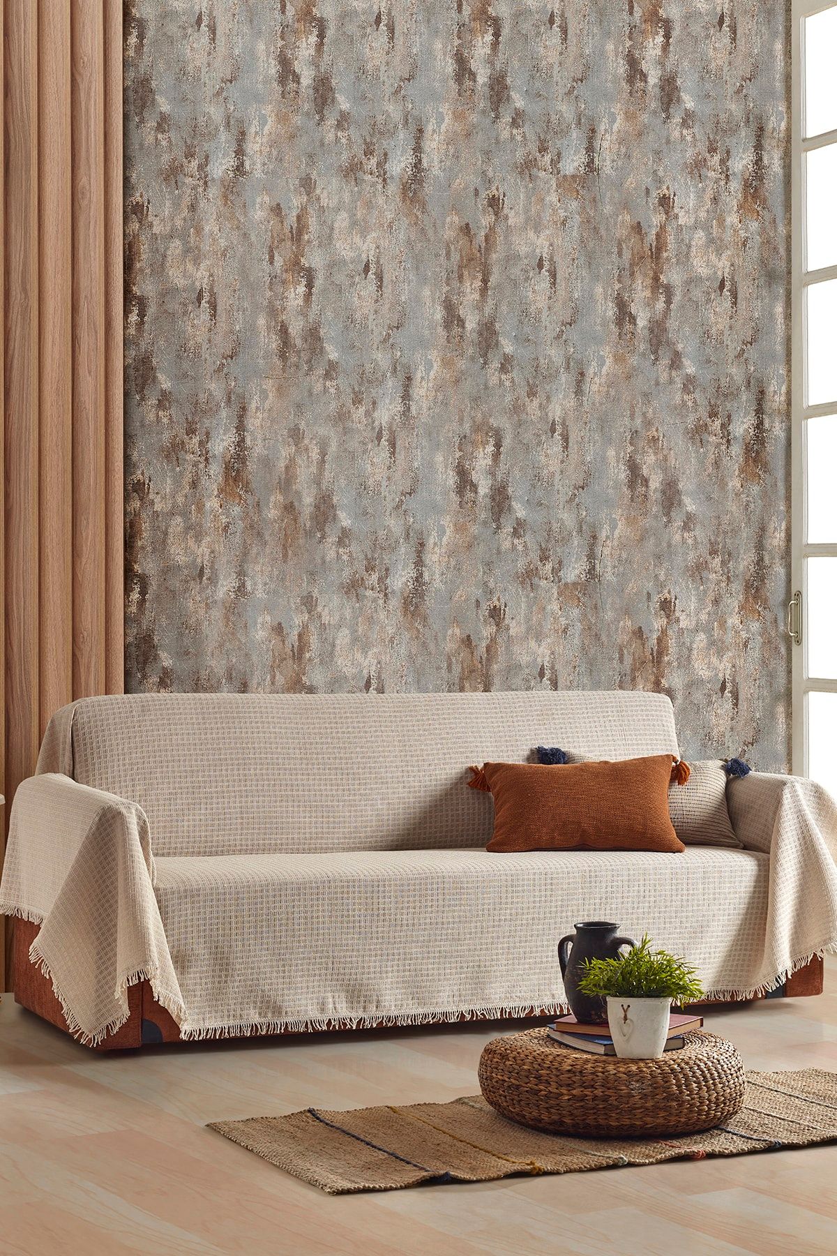 Lux Touch Bej Yaren Kolları Örten 180 X 320 Cm Çekyat Kanepe Koltuk Chester Örtüsü Kaymaz Saçaklı