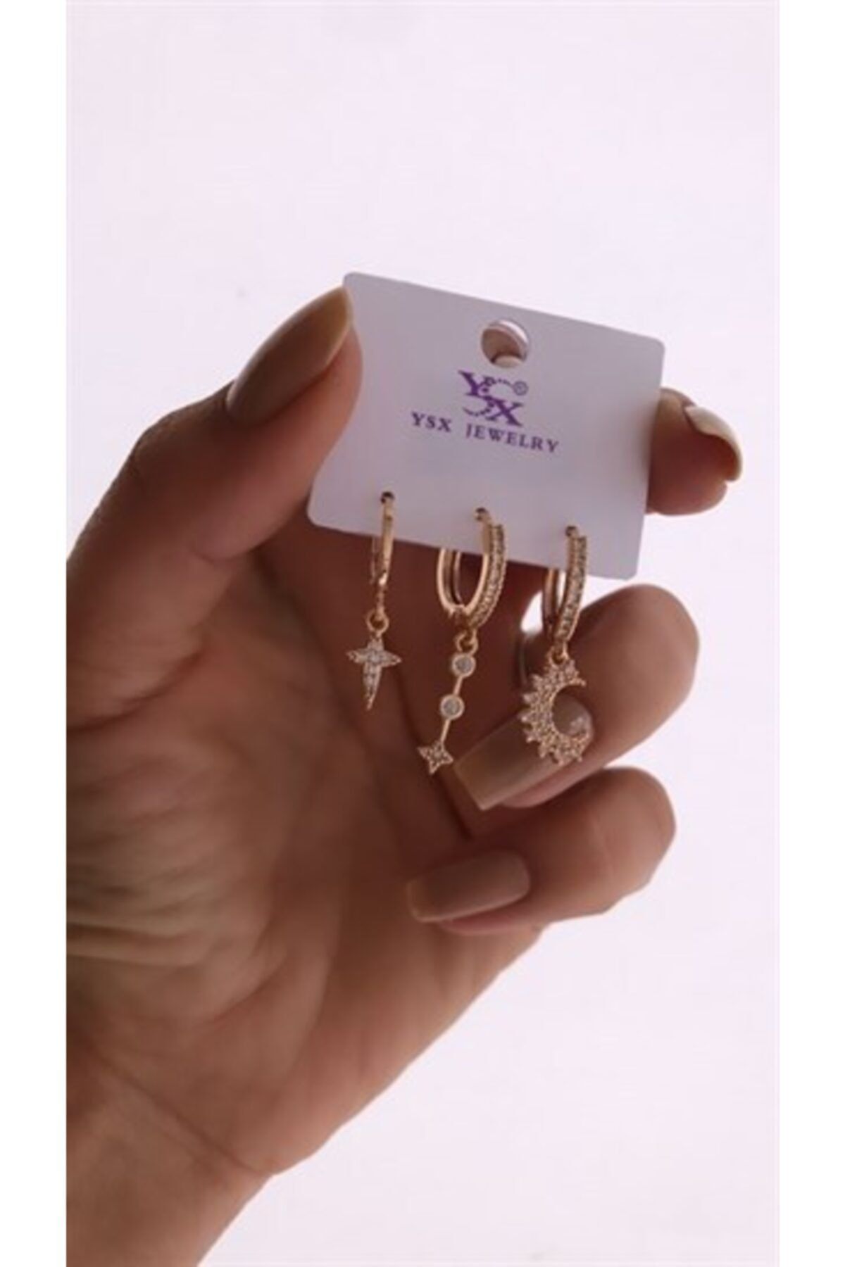 AYCAAKSESUAR Minik Kutup Yıldız Detaylı 3 Lü Çelik Küpe Set