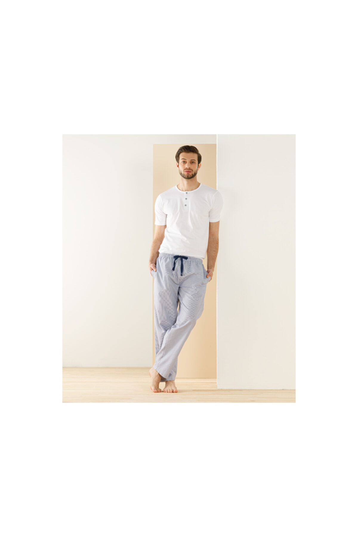 English Home Navy Line Pamuklu Pijama Takımı Mavi