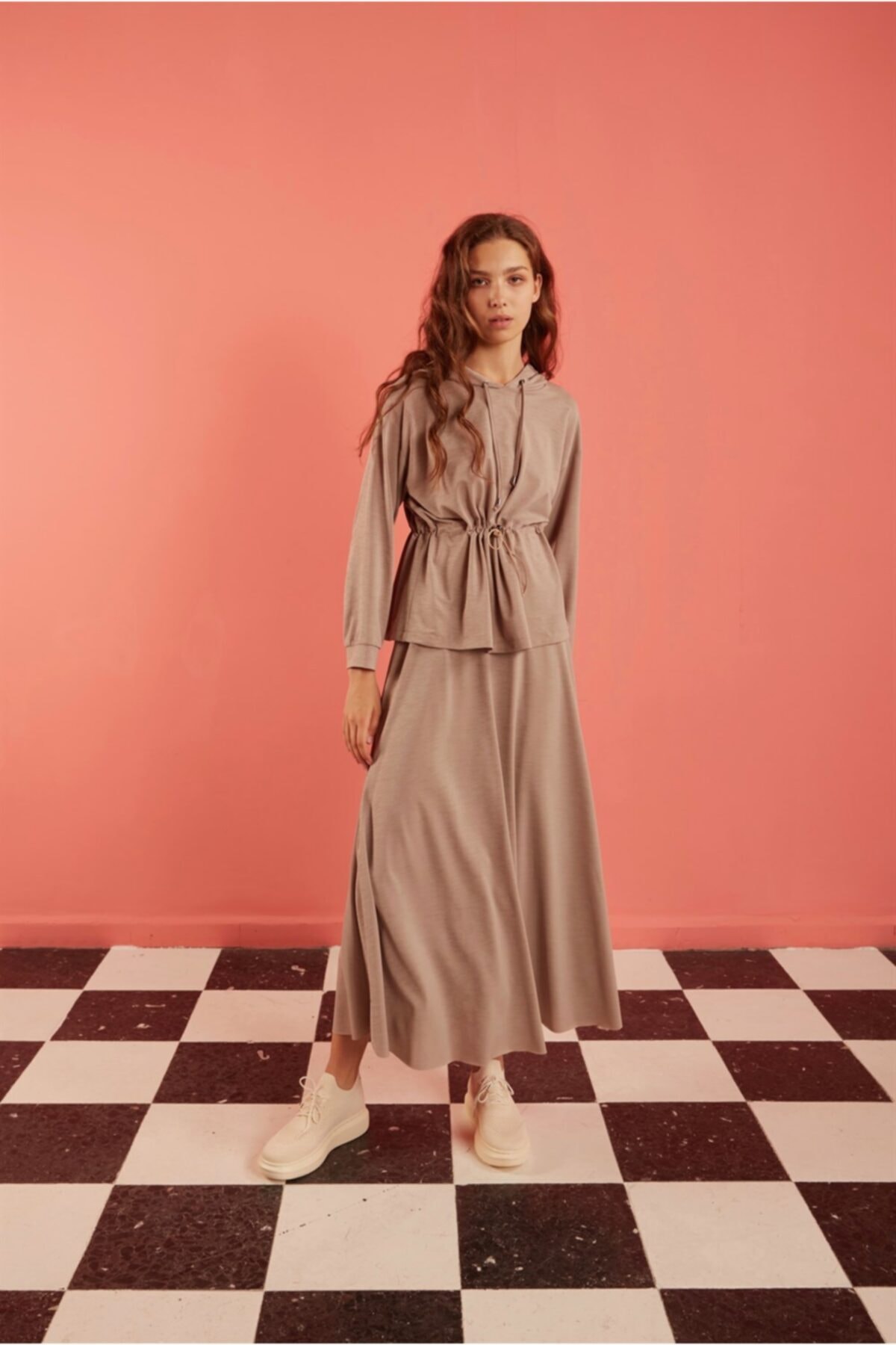 oia Bej S-19142 Örme Likralı Kısa Bluz Alt Üst Etek Takım