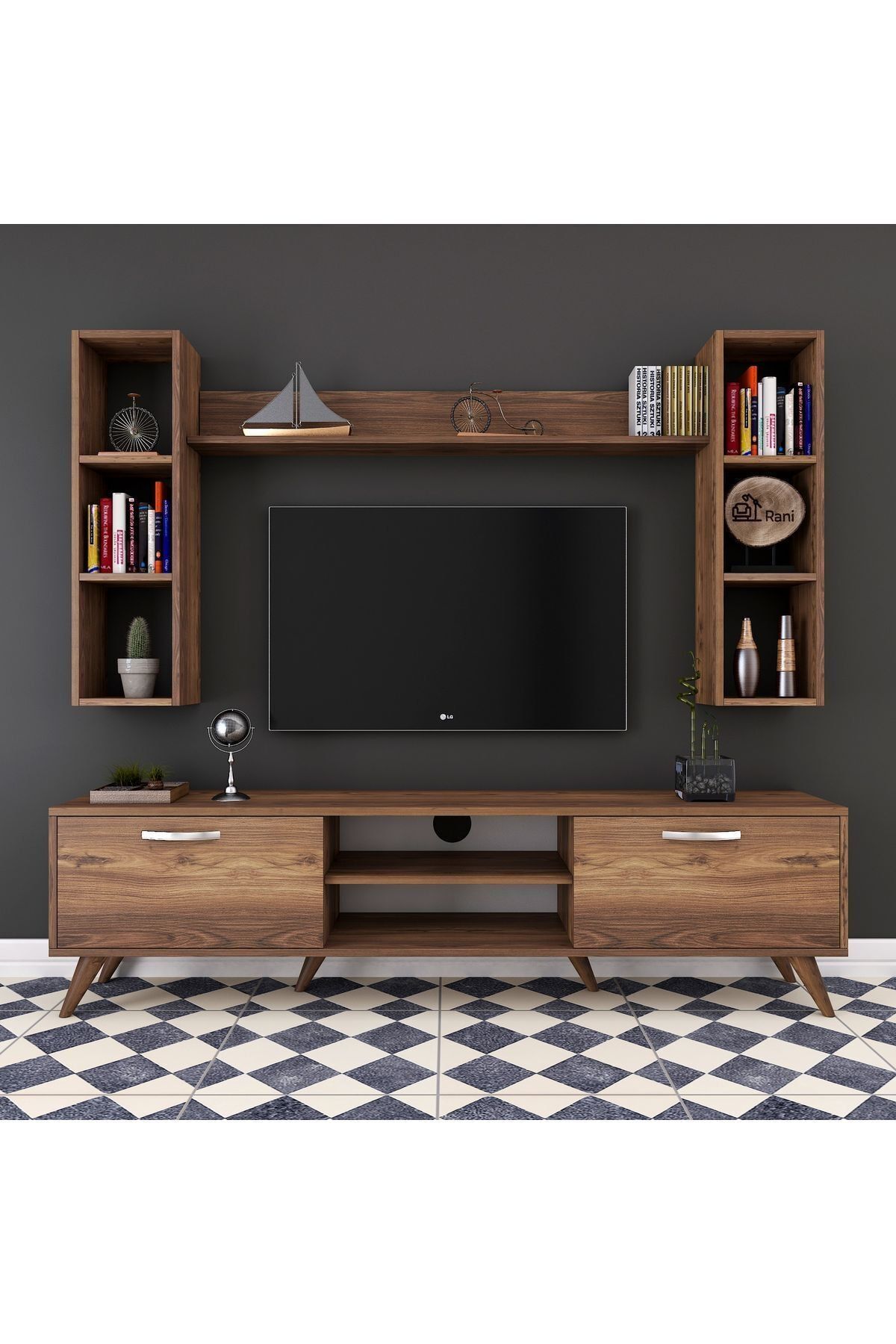 Rani Mobilya A9 Duvar Raflı Kitaplıklı Tv Ünitesi Duvara Monte Dolaplı Modern Ayaklı Tv Sehpası Ceviz M5