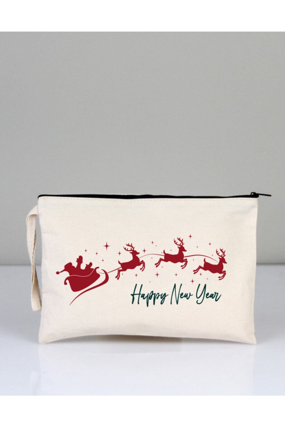Ekorenk Yılbaşı Tek Taraf Baskılı Ham Bez Clutch Çanta 25 x 18 cm