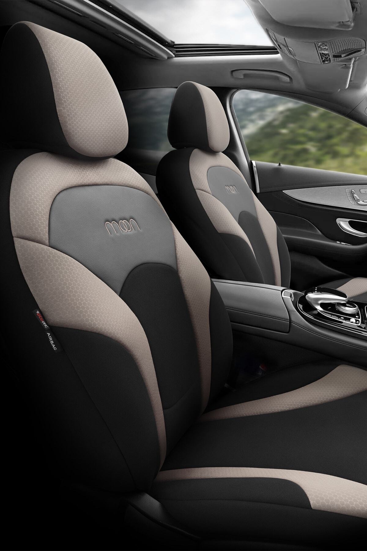 Otom Airbag Dikişli Özel Tasarım Oto Koltuk Kılıfı - Yeni Moon Design Bej-siyah Mon1905