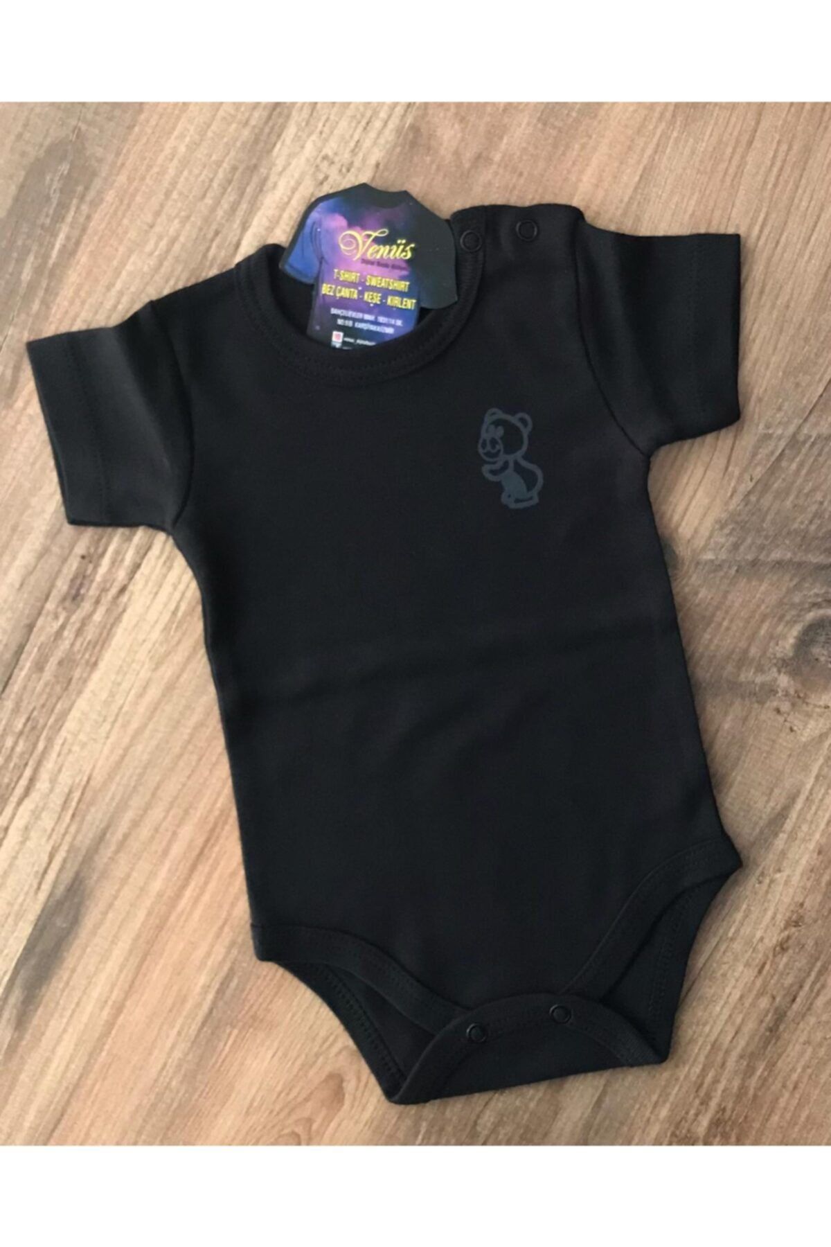 venüsdijital Minik Panda Baskılı Siyah Bebek Zıbın Body