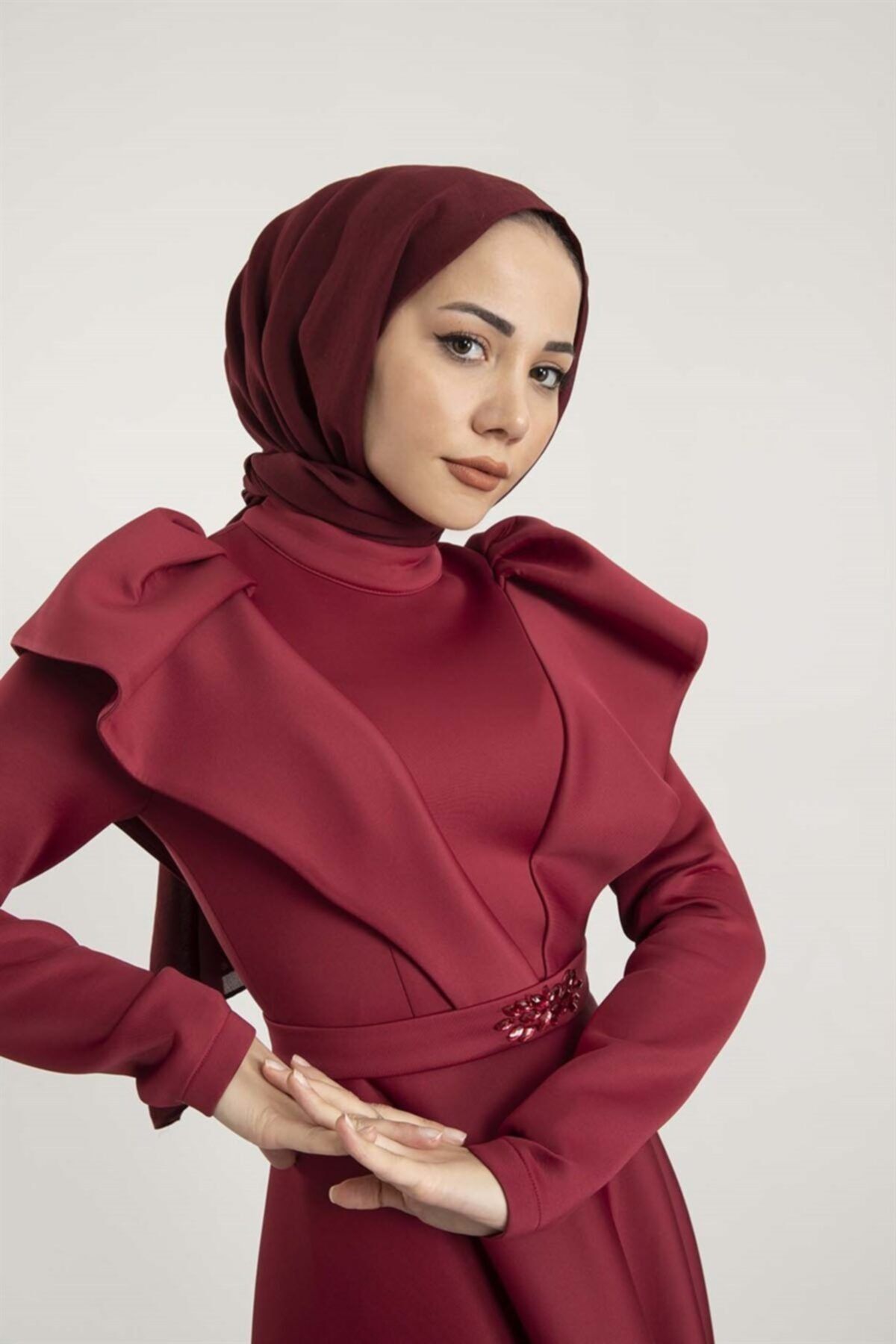 moda ala Scuba Omuz Detaylı Elbise Bordo