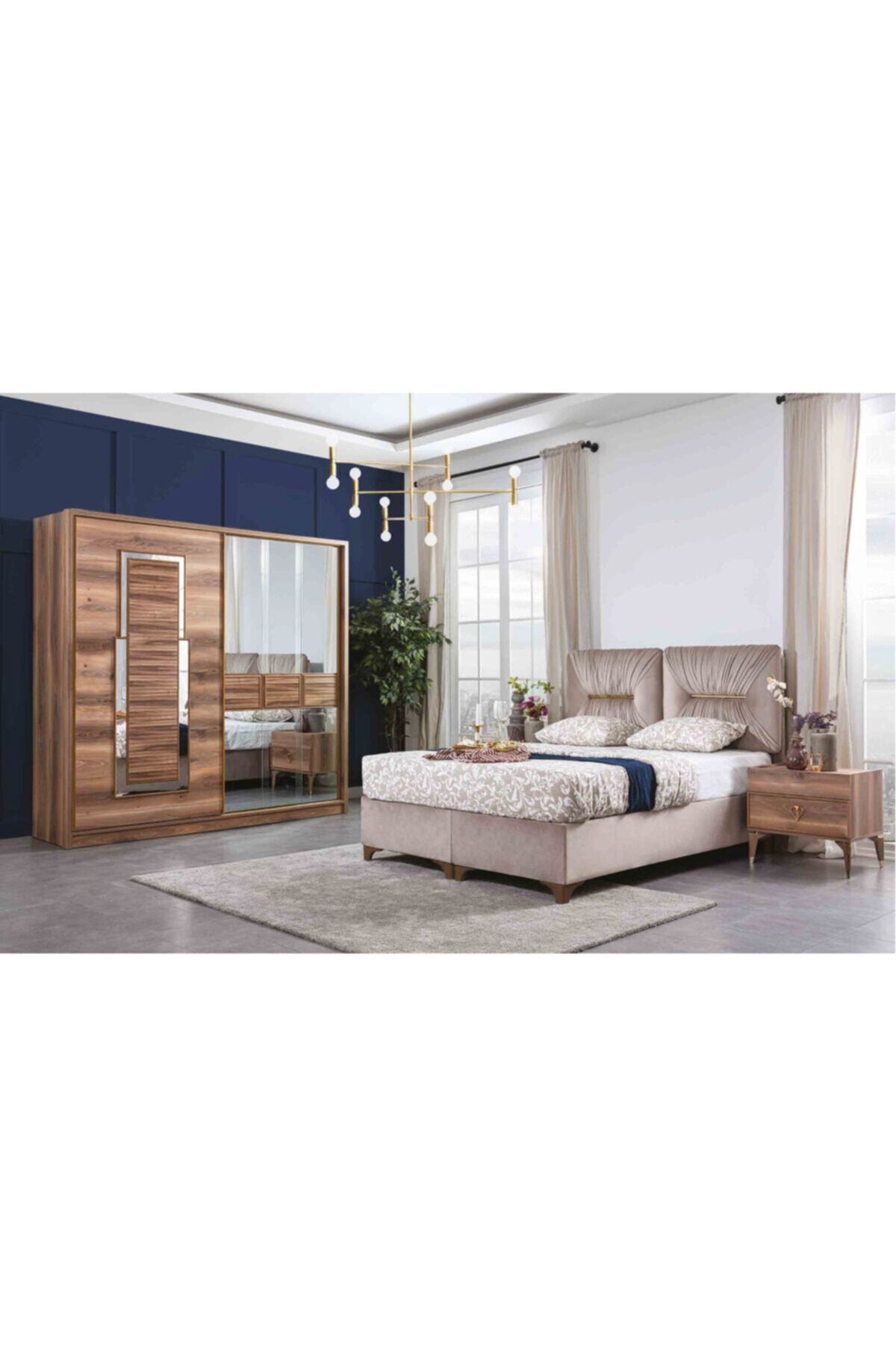 YuyaMobilya Florya Model Ceviz Sürgülü Ve Aynalı %100 Mdf  Yatak Odası Takımı 5 Parça