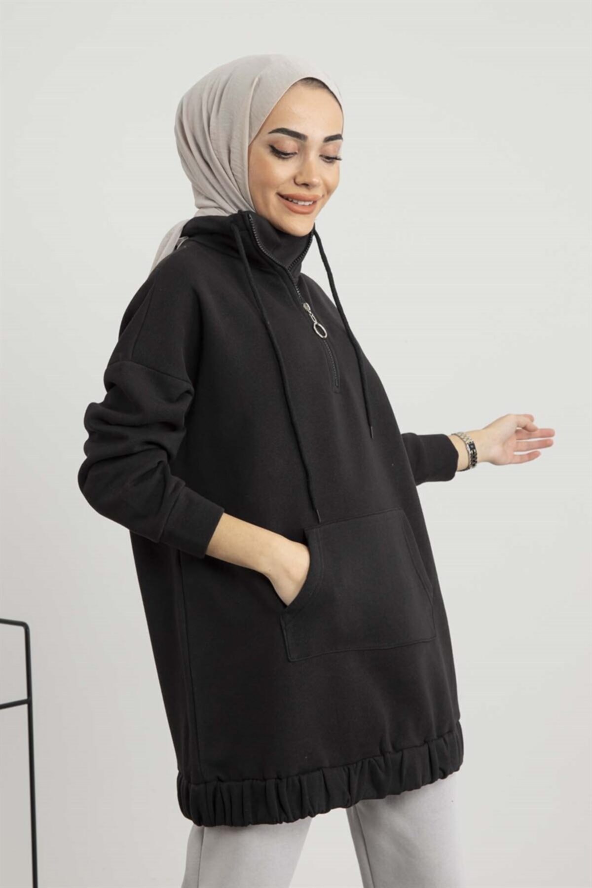 moda ala Fermuar Yaka Oversize Sweat Siyah