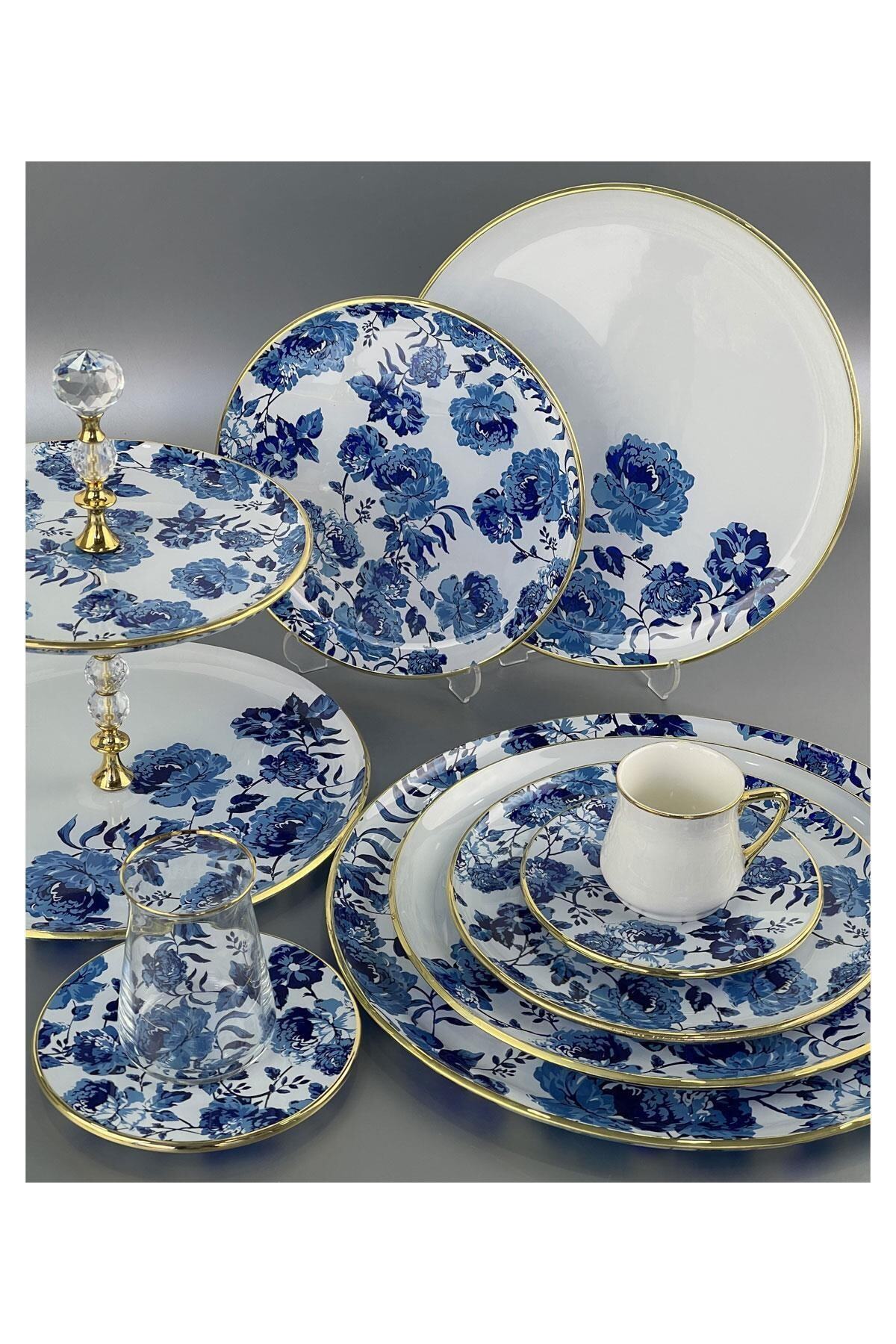 Glore Lüx 38 Parça Servis Sunum Seti Cam Blue Rose