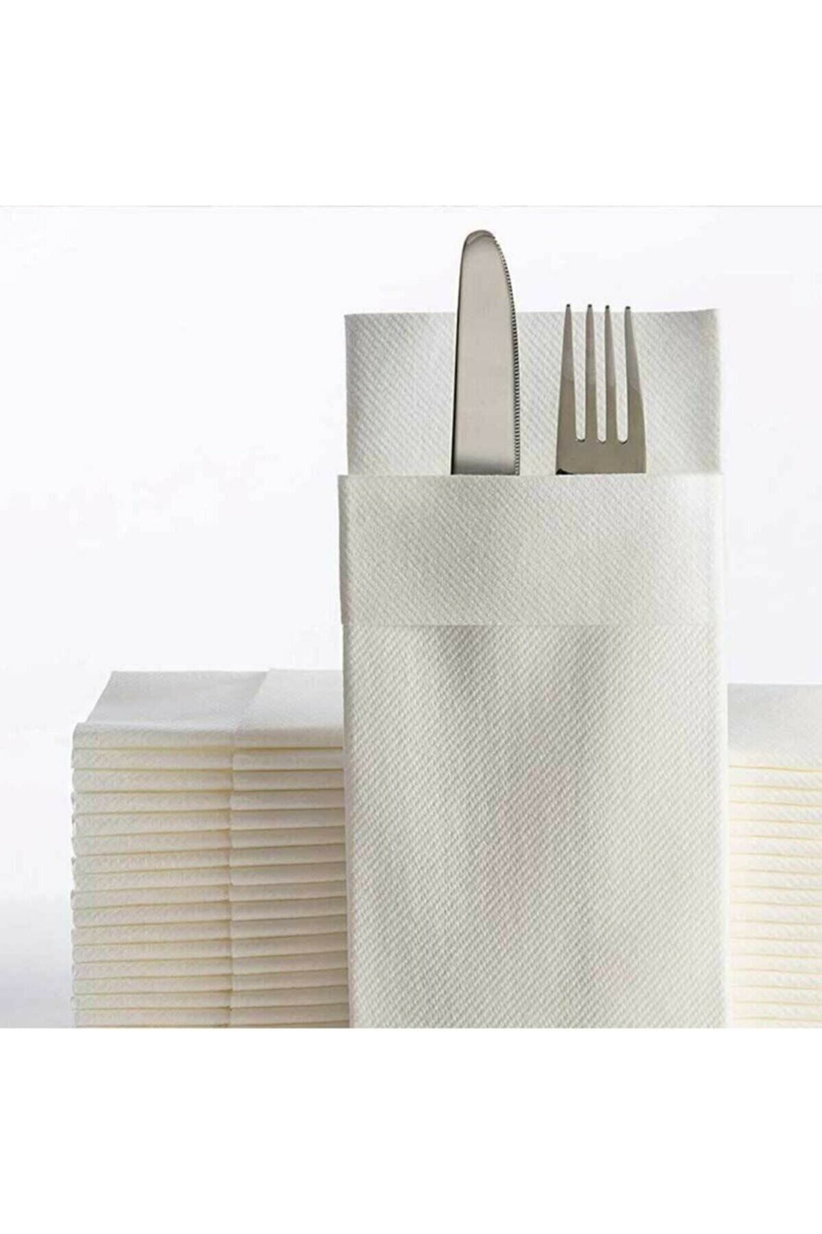 AIRLAID 50 Adet Beyaz Kumaş Dokulu 40x40 Cepli Peçete – 1/8 Katlama