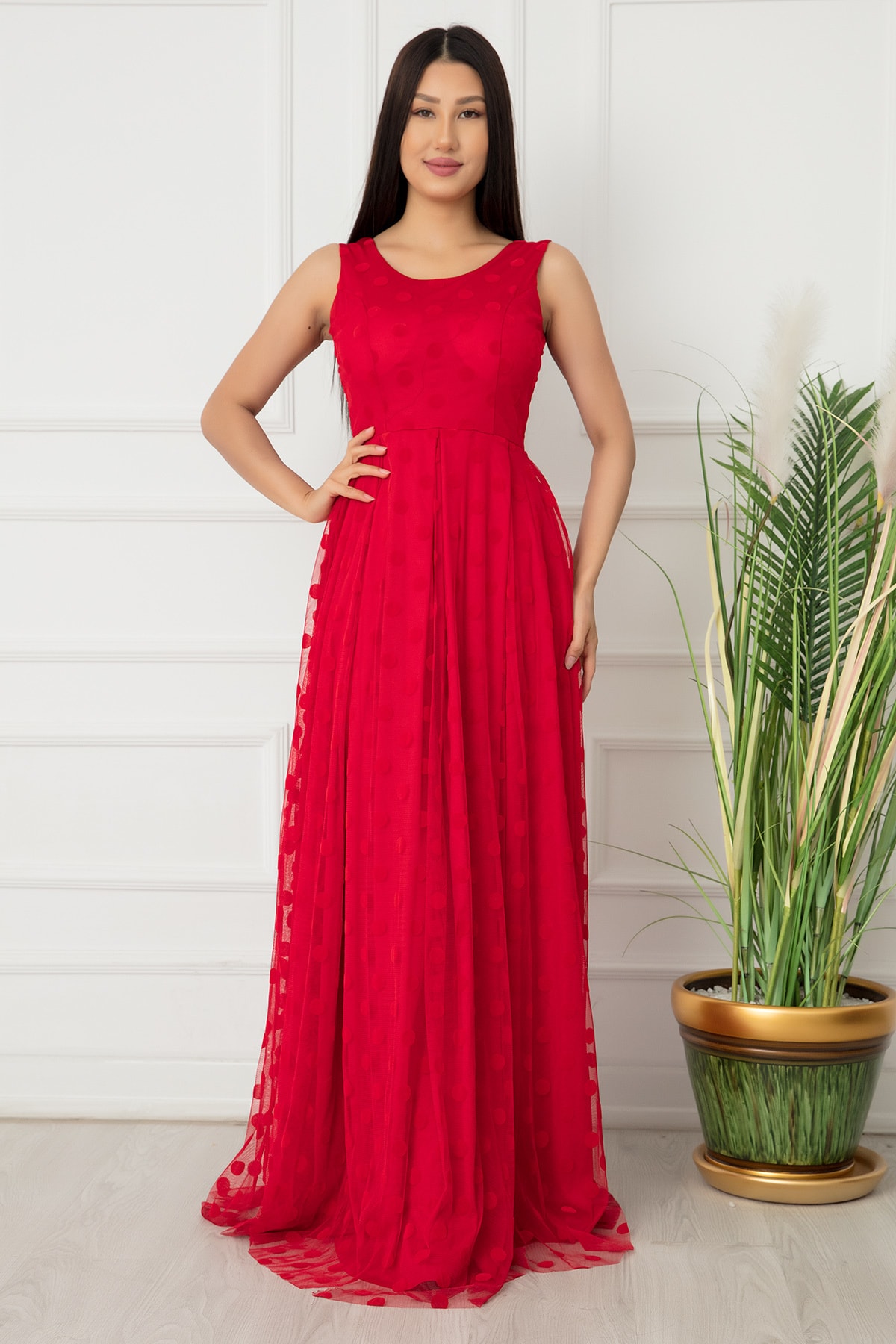 PULLIMM Tül Puanlı Flok Baskı Uzun Abiye Elbise 3613