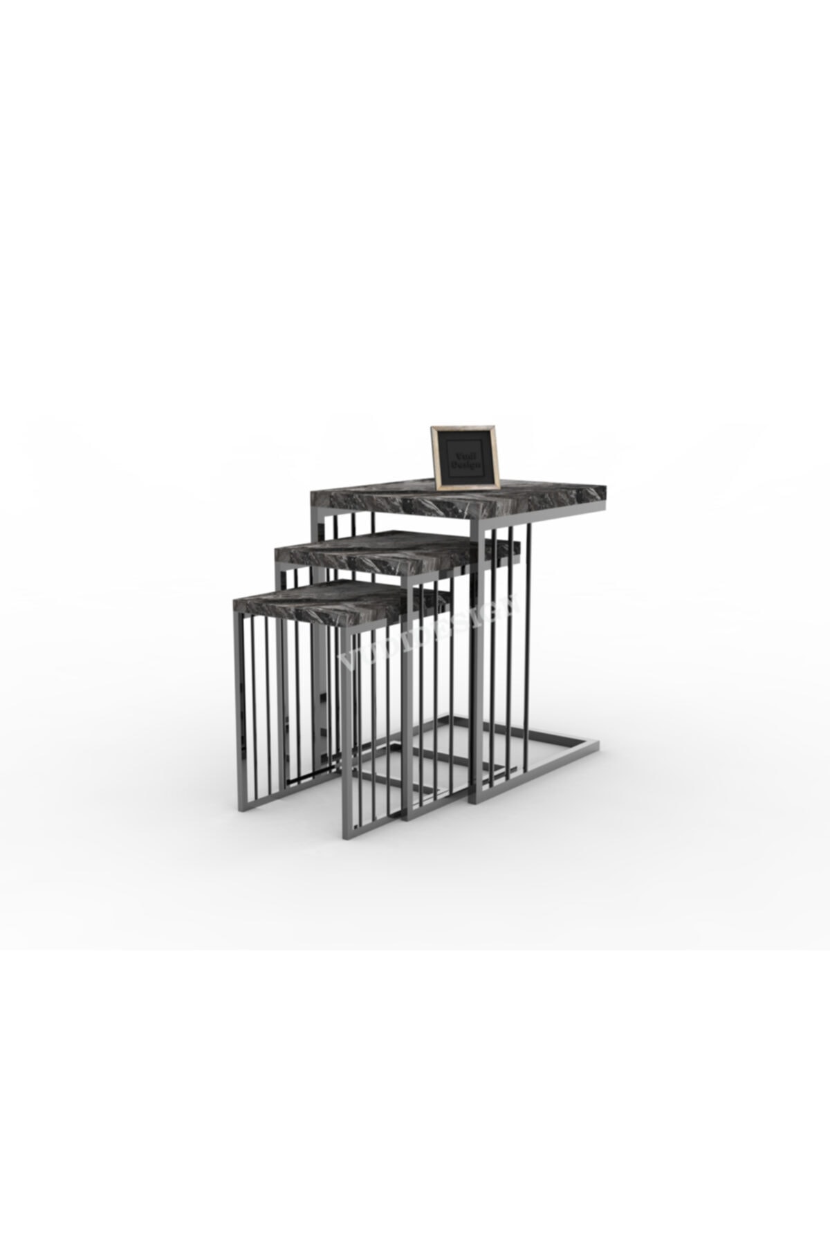 Vudi Design Erica 3'lu Zigon Sehpa Mermer Desenli Füme Kaplama