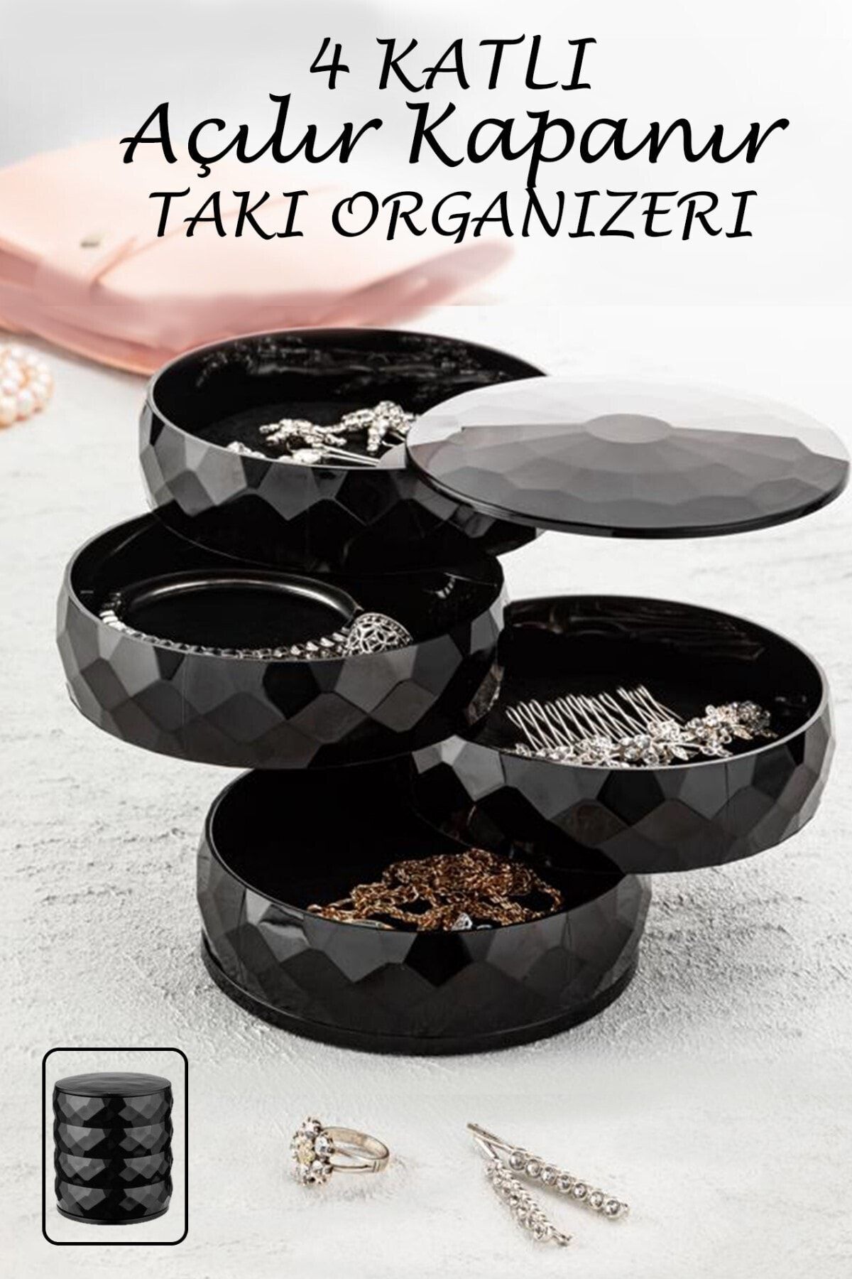 Kitchen Life Elmas 4 Katlı Döner Takı Organizeri  Büyük Boy Takı Saklama Kutusu