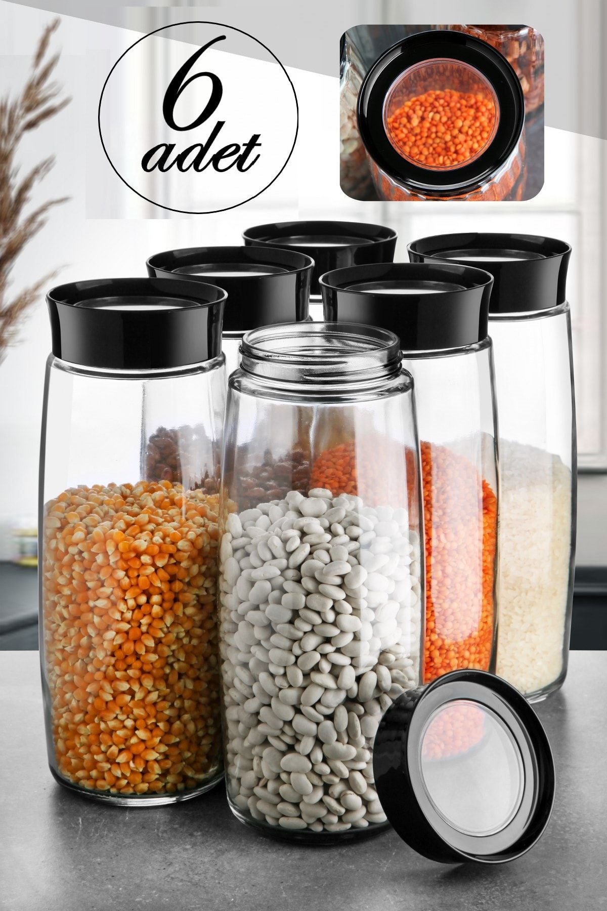 Kitchen Life 6 Adet Mega Boy Cam Kavanoz Saklama Kabı Seti 1600 ml (ERZAK KABI)
