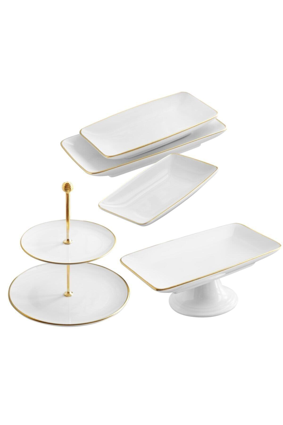 GÖNÜL 5 Parça Beyaz Gold Pasta Servis Sunum Çeyiz Seti