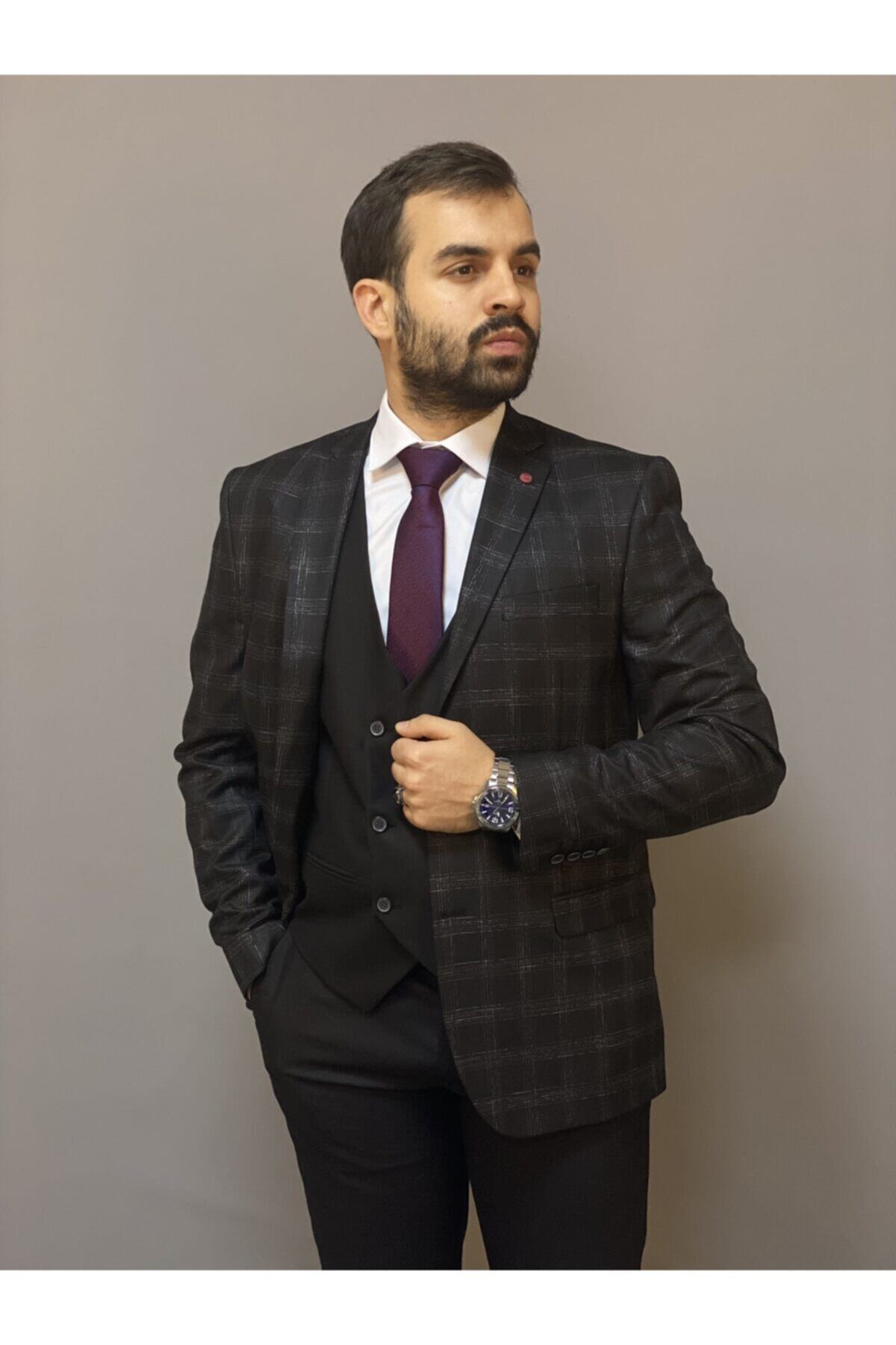 CMN Camminare Erkek Siyah Yelekli Ekose Regular Fit Takım Elbise
