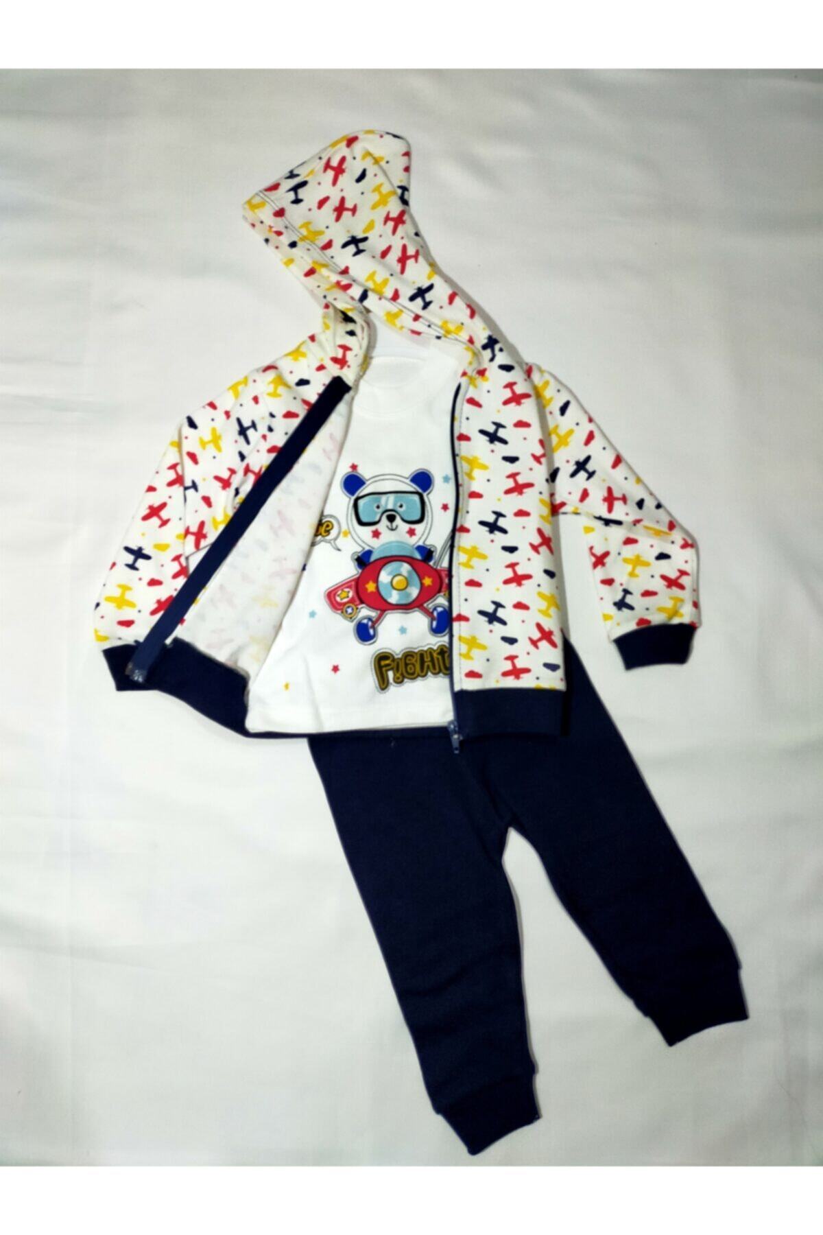 Koç Baby Uçak Desenli 3lü Bebek Takımı Kapüşonlu Bebek Kıyafeti Bebek Giyim