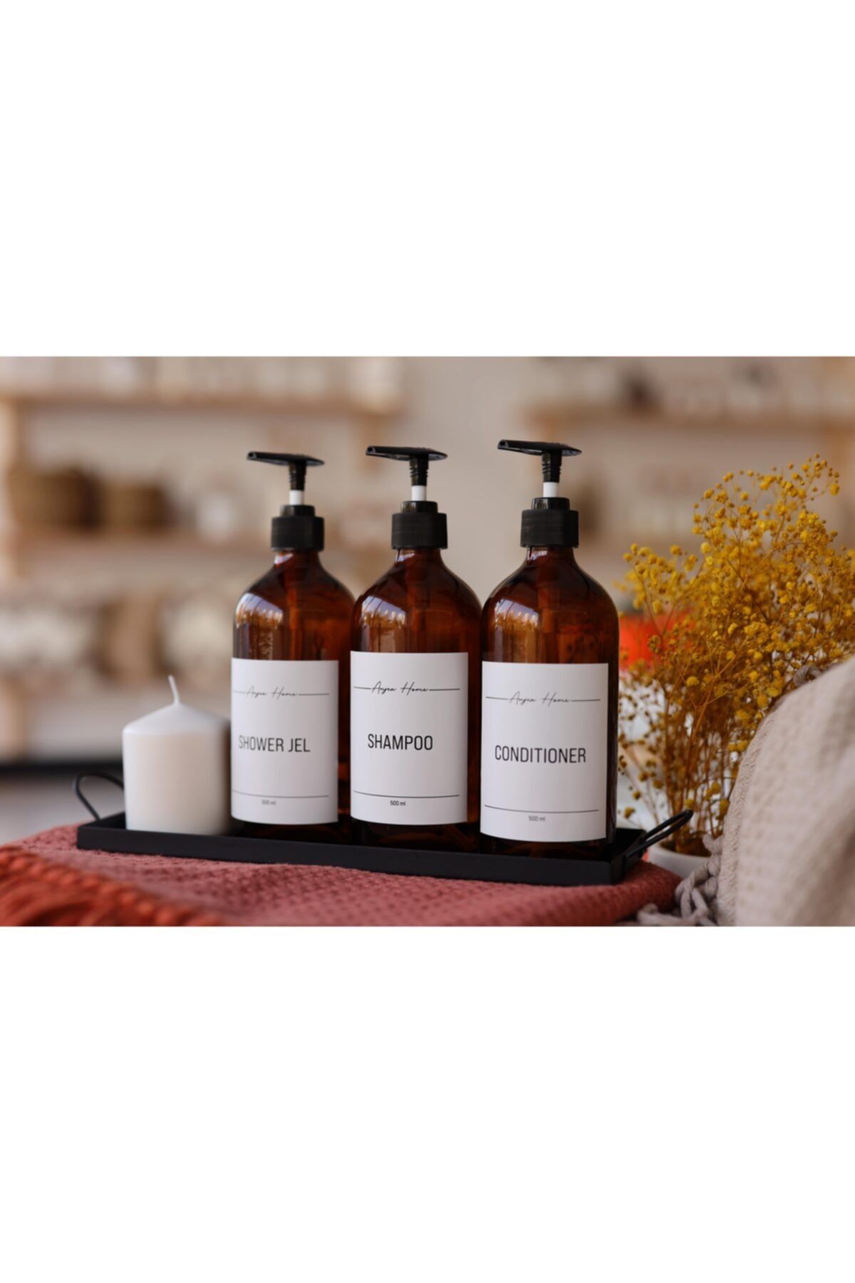 ANJEAHOME 3'lü Amber Cam Şişe Seti Shower Jel & Shampoo & Condıtıoner 500ml (sabunluk)