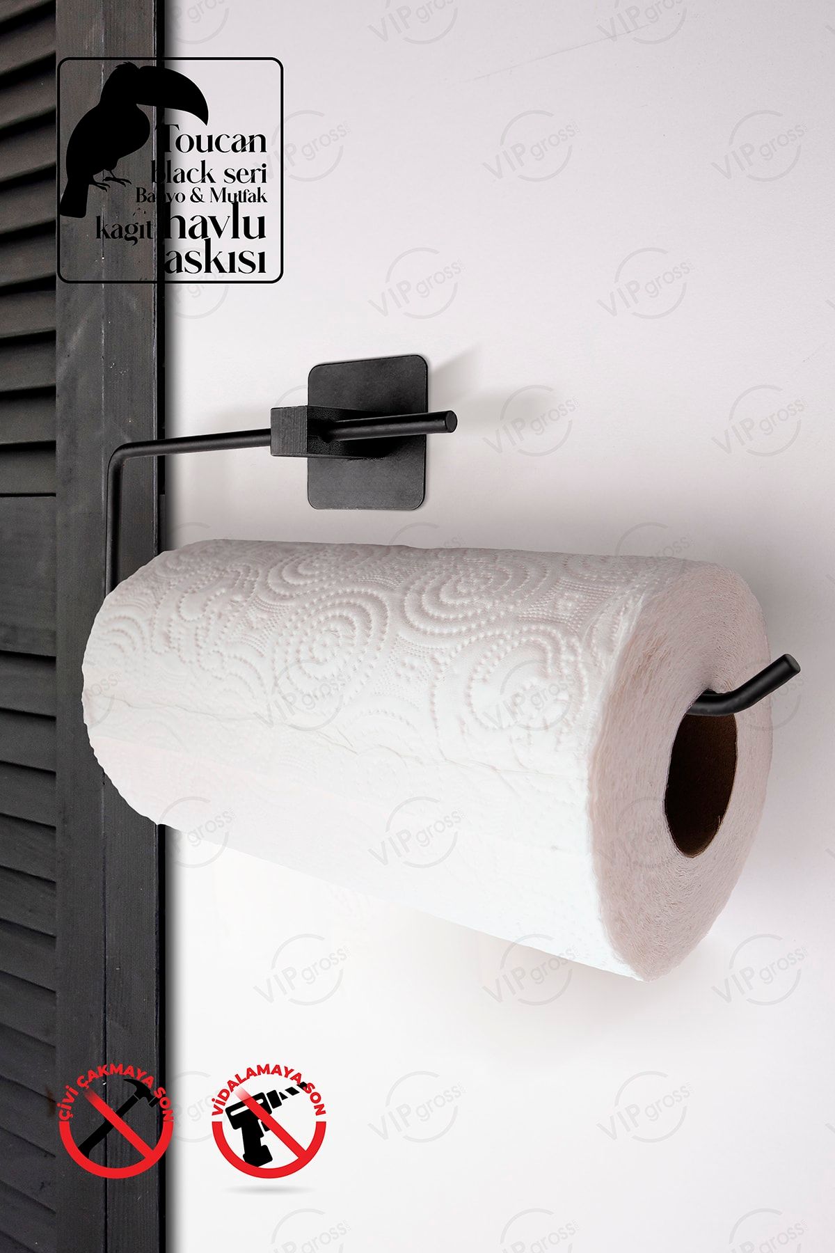 vipgross Kağıt Rulo Havluluk, Peçetelik, Yapışkanlı Tasarım, Banyo Askısı / Siyah