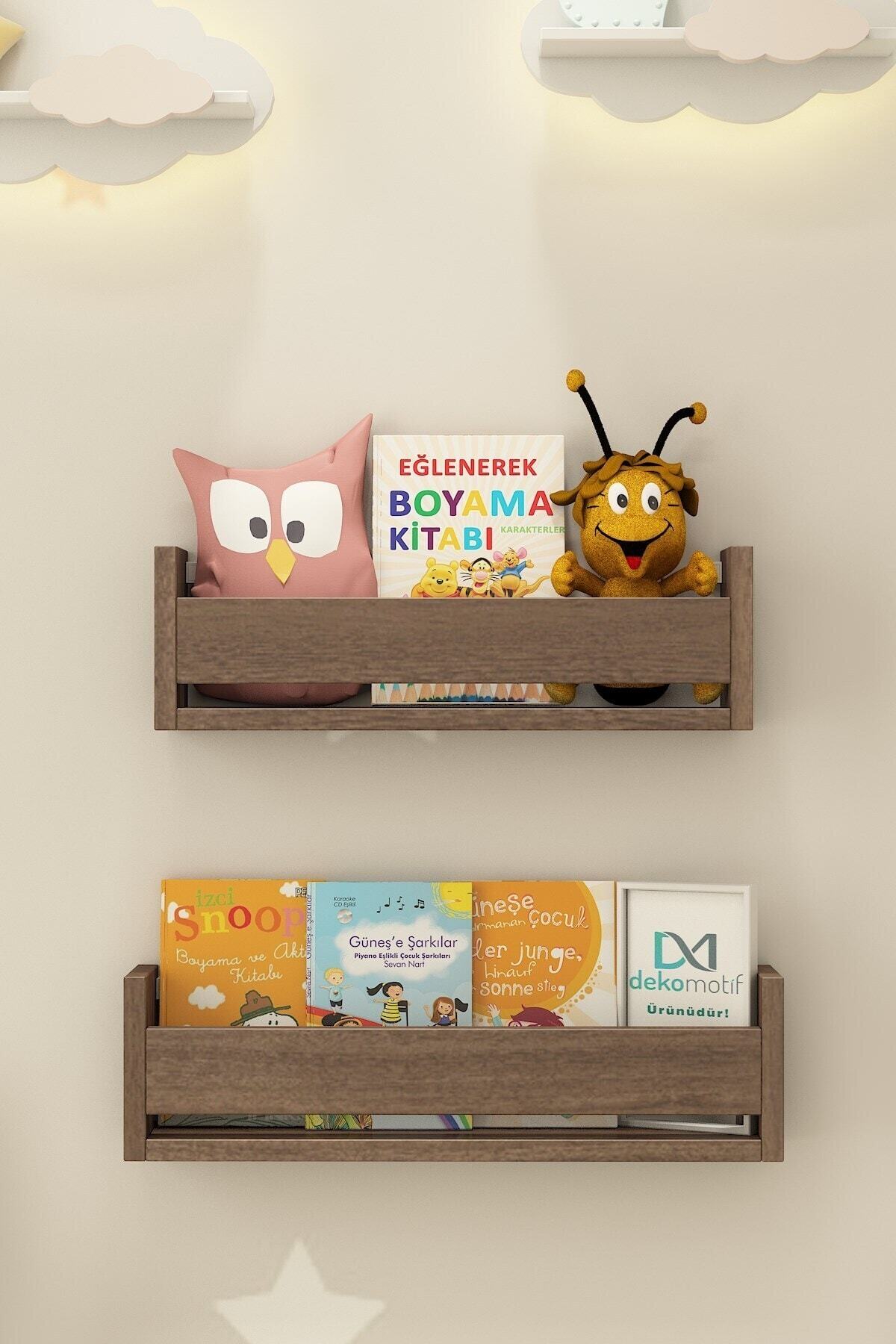 Dekomotif Montessori Tekli 2 Raf Ceviz Çocuk Odası Eğitici Kitaplık