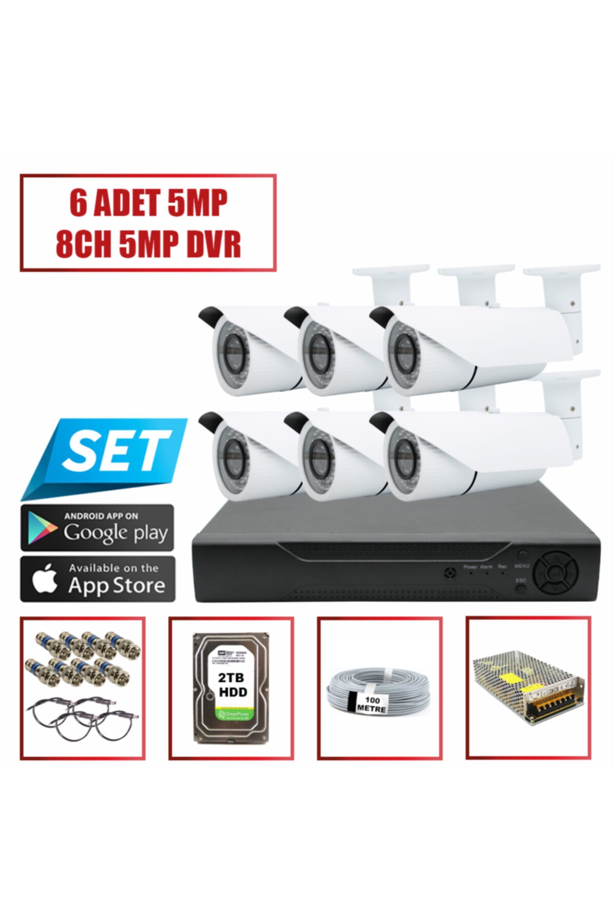 Baff 6 Adet 5mp Dış Mekan+5mp 8ch Dvr+2tb Hdd+bnc+power Jack Güvenlik Kamerası Seti