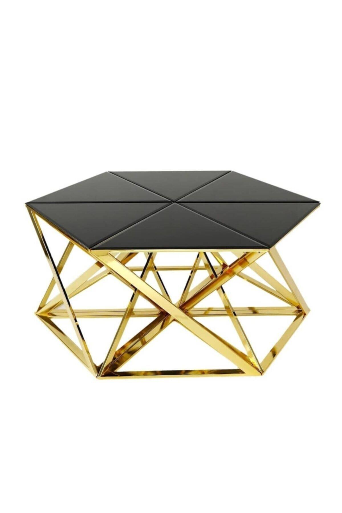Authentique Home desing Prizma Altı Parçalı Orta Sehpa Gold Siyah Cam