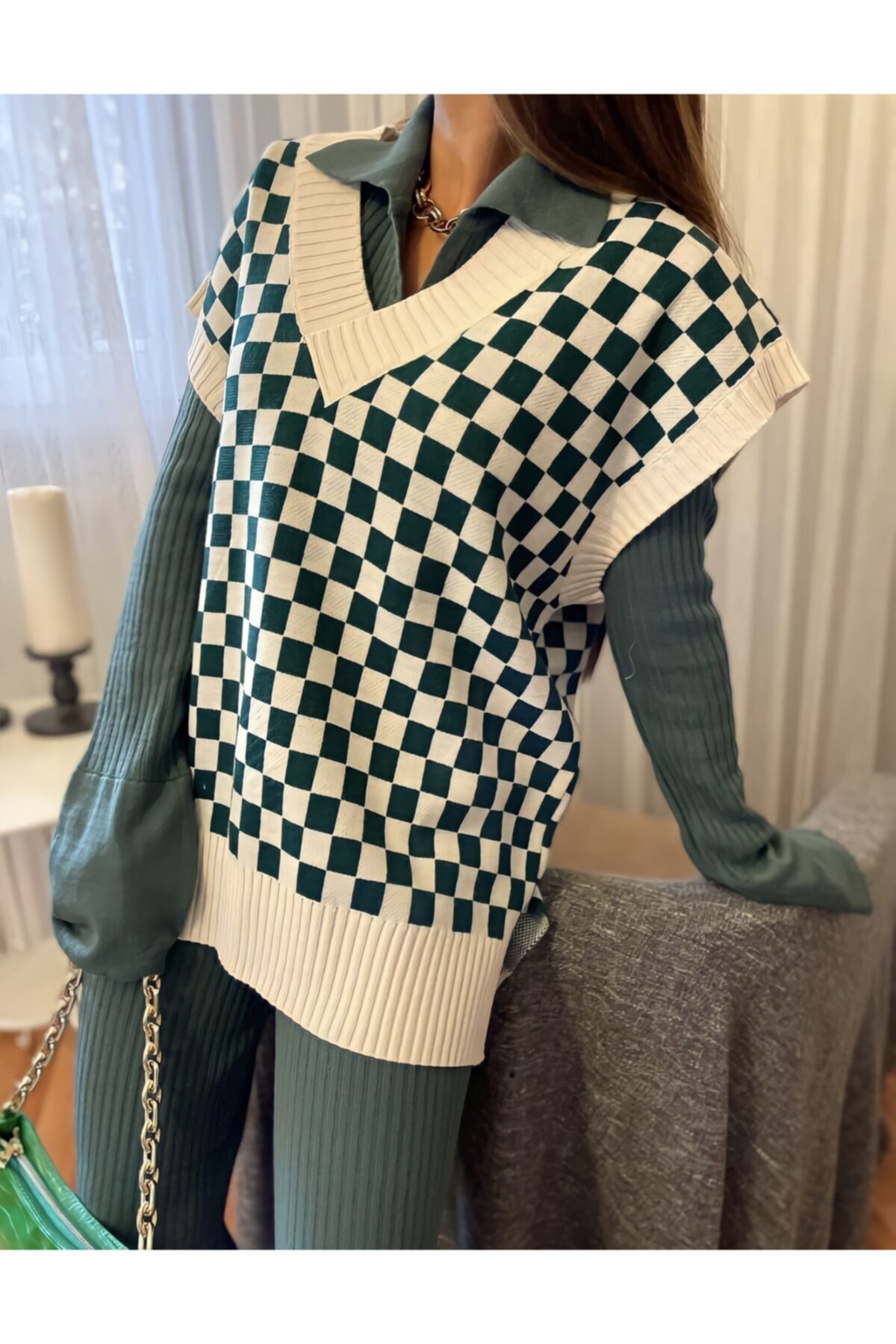 Qu Style Kadın Triko Yeşil Kare Desen Süveter