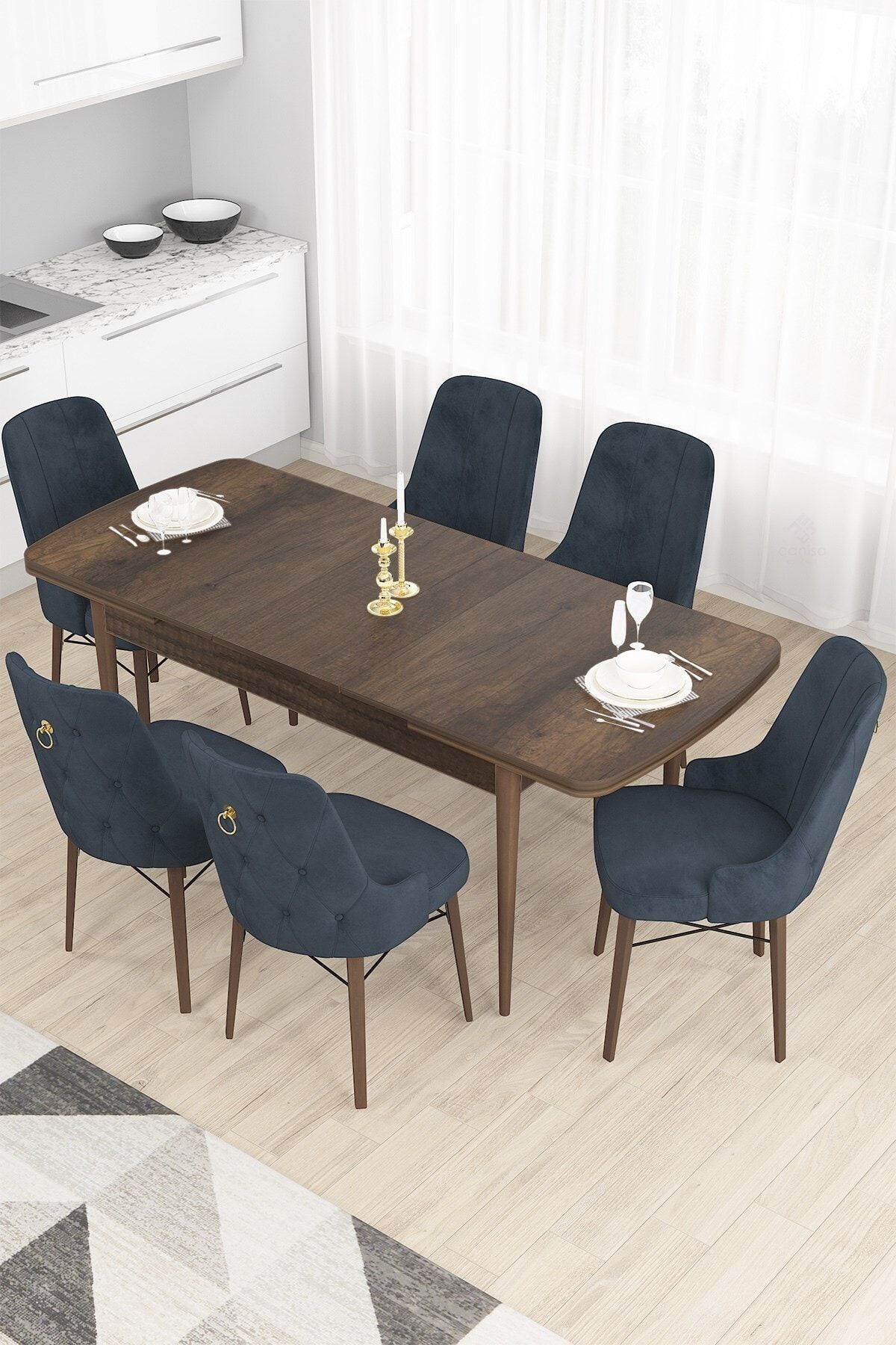 Canisa Concept Nar Serisi, 80x132 Açılabilir Mdf Masa, Barok Ahşap Desenli Mutfak Masa Takımı+6 Antrasit Sandalye