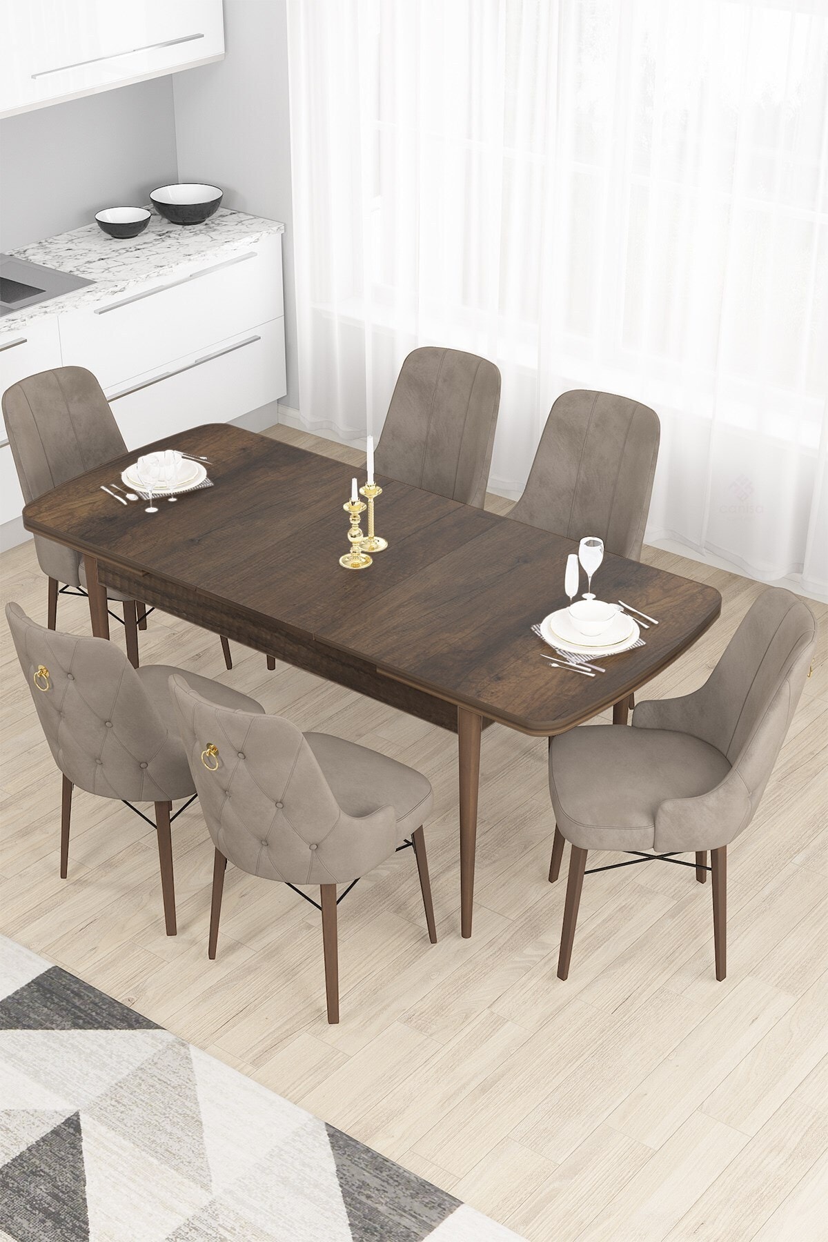 Canisa Concept Nar Serisi, 80x132 Açılabilir Mdf Masa, Barok Ahşap Desen Mutfak Masa Takımı+6 Cappucino Sandalye