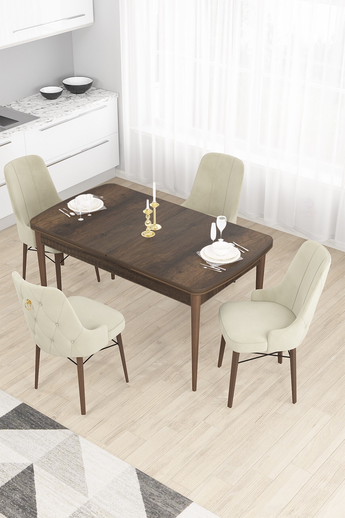 Canisa Concept Nar Serisi, 80x132 Açılabilir Mdf Masa, Barok Ahşap Desen Mutfak Masa Takımı+4 Krem Sandalye