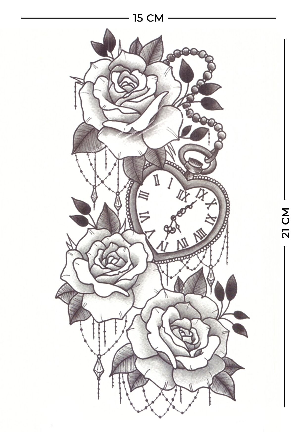 Store&Tattoo Zincirli Kalpli Saat Geçici Dövme Orta Boy 21x15 Cm
