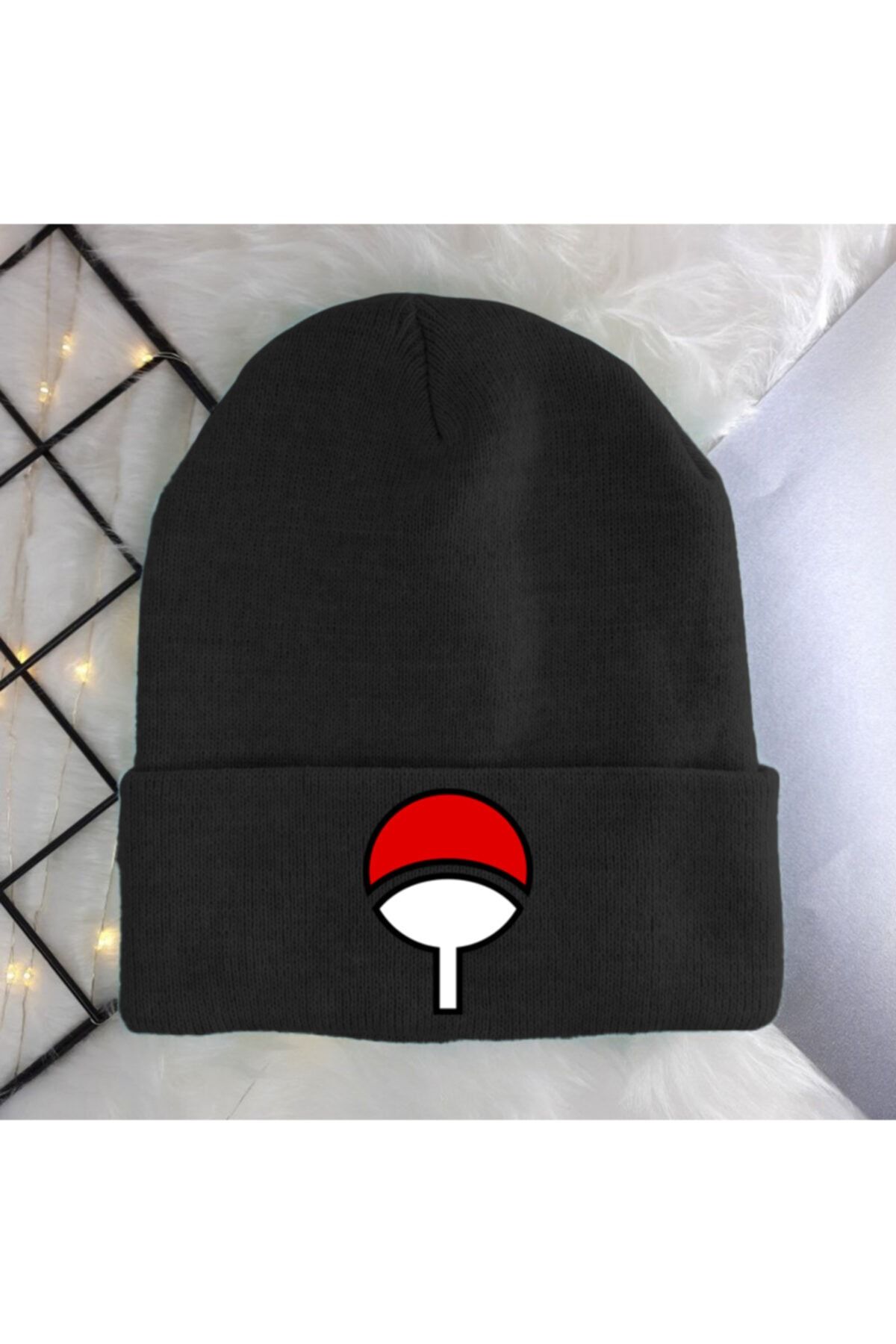 mubay design Unisex Baskılı Anime Naruto Uchiha Logolu Siyah Basic Bere