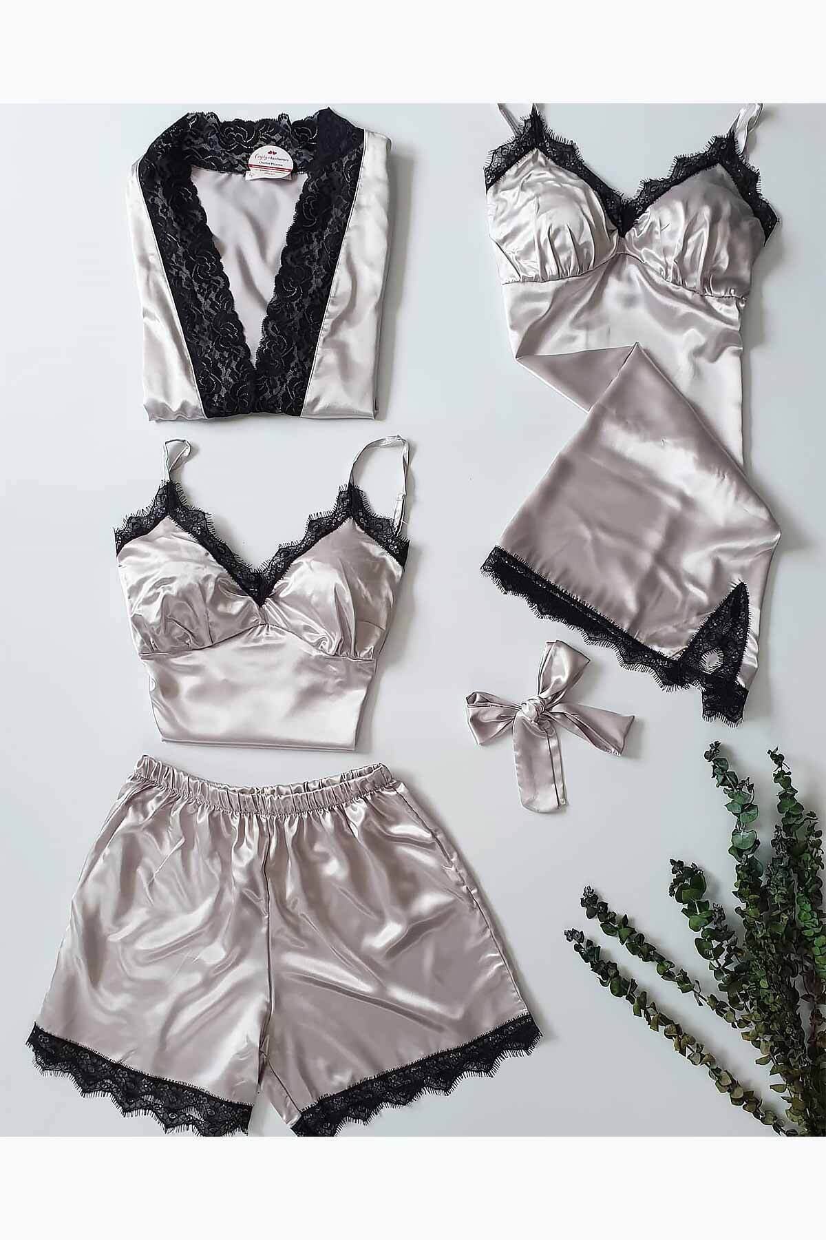 Çeyize dair herşey Silver 4 lü Fantazi Saten Gecelik Ve Şortlu Çeyizlik Set 5871