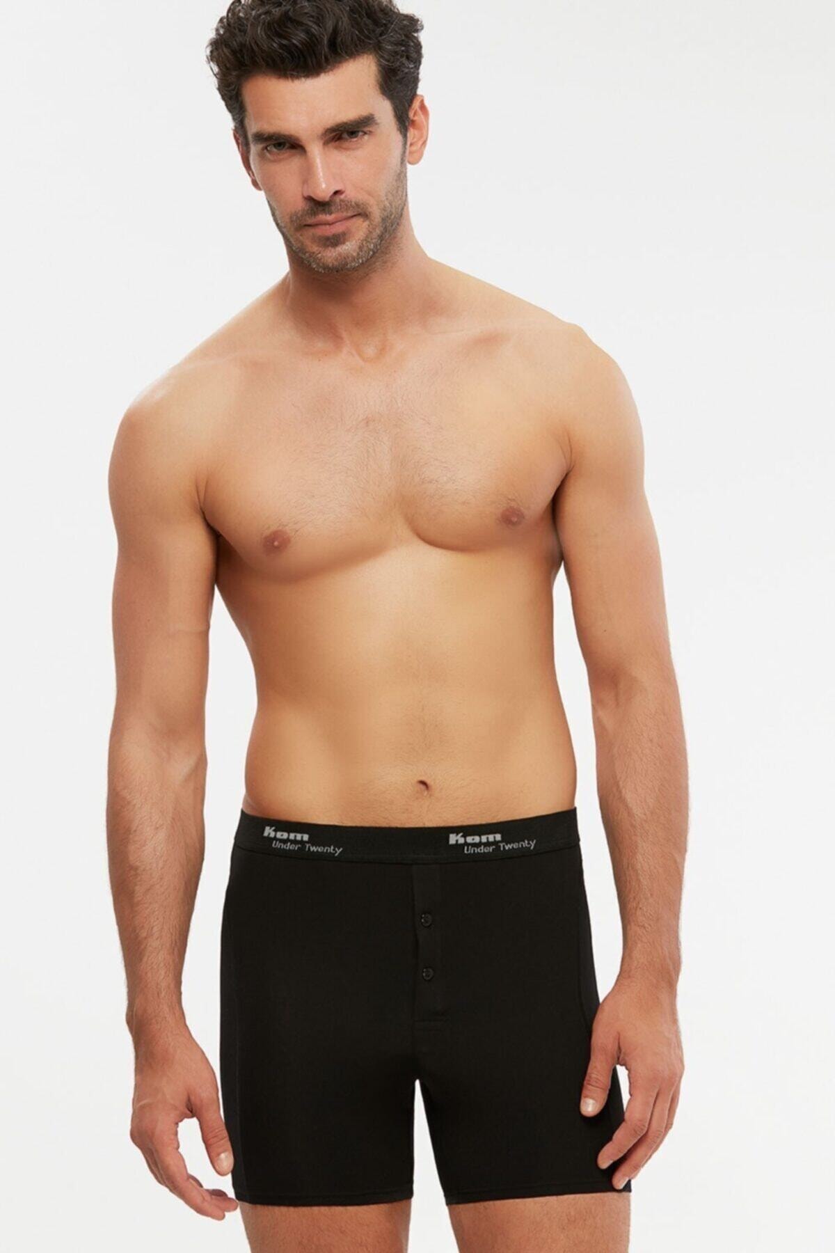 Kom Erkek Penye Likra Compact Uzun Boxer Çift Düğmeli 6 Lı Siyah S-3xl