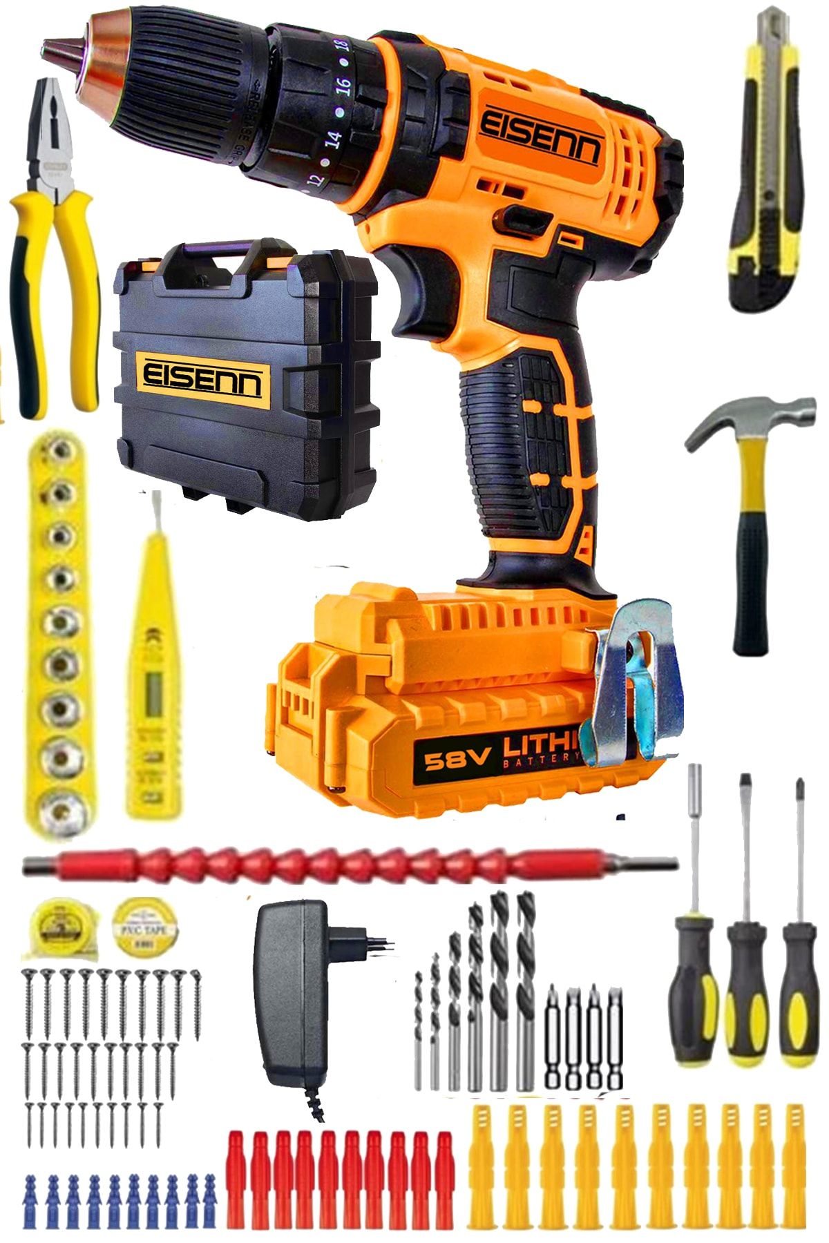 Eisenn Germany Technology Helmond 58 V 8 Ah Samsung Çift Akülü Usta Seri Vidalama Matkap + 100 Pcs Usta Set