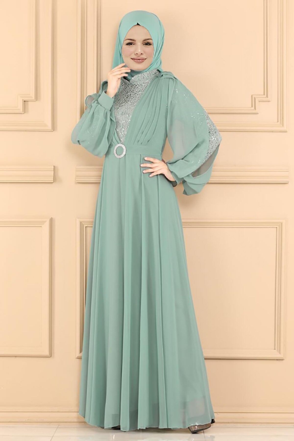 Moda Echer Tesettür Abiye Elbise 7661