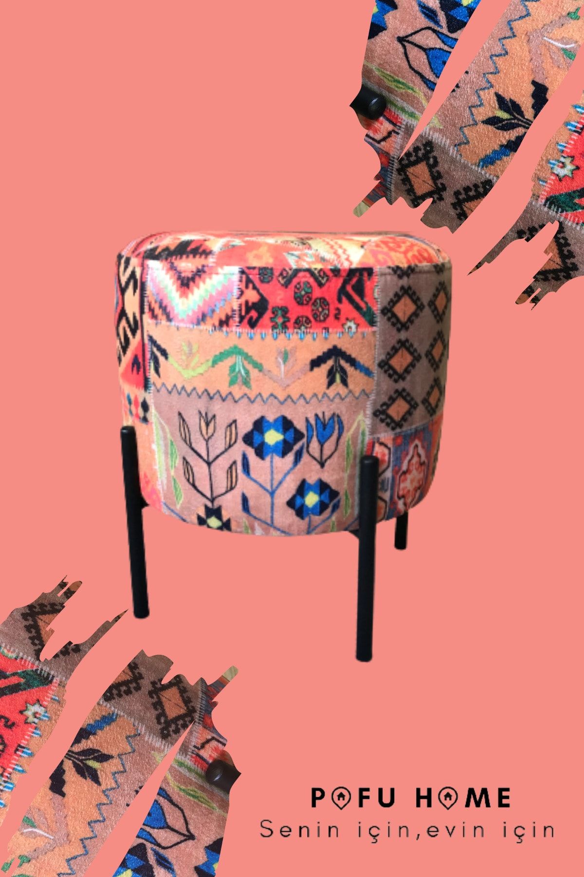 Pofu Home Metal 4 Ayaklı Desenli Dekoratif Puf