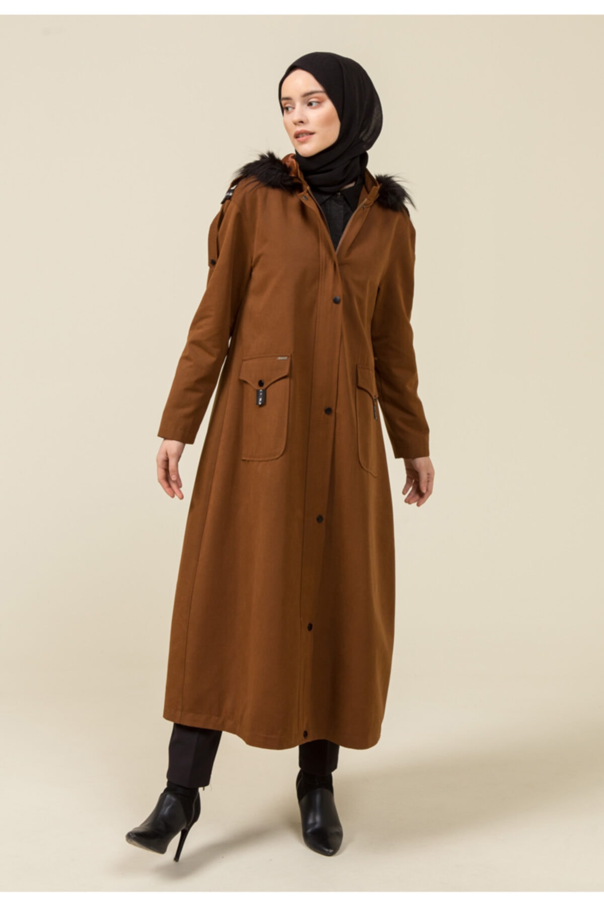 Setrms Taba Suni Kürk Kapüşonlu Düğmeli Relax Fit Pardösü 2212026