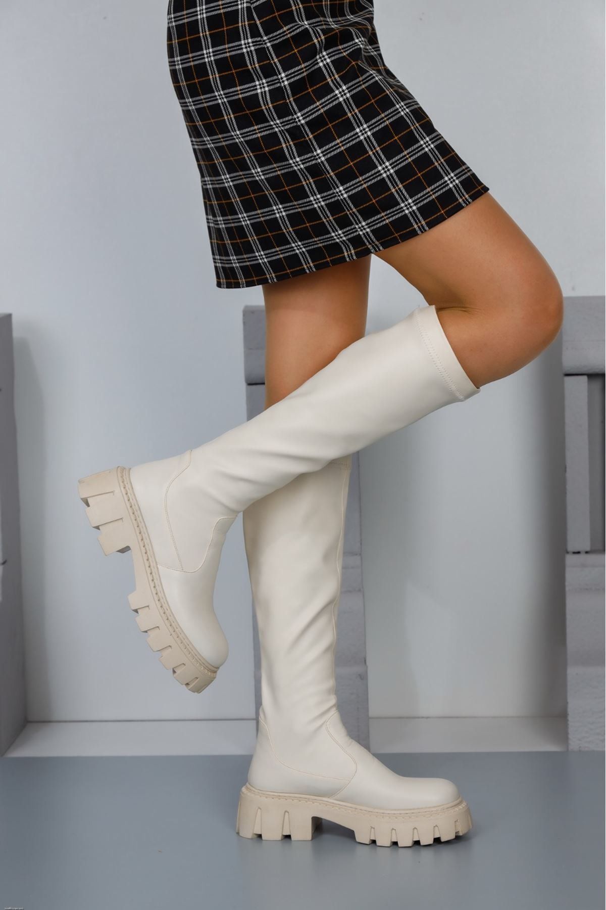 Mist Shoes Stephane Ekru Streç Çizme Topuk Boyu 6 cm