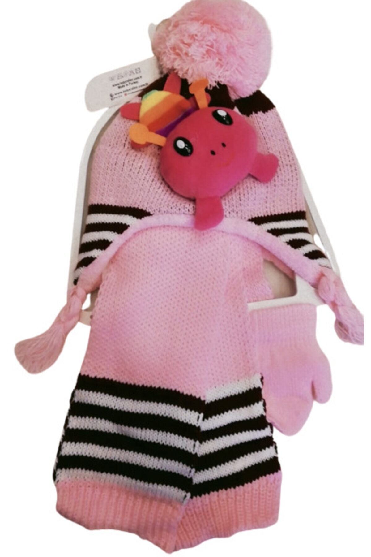 ALYAKİDS Kız Çocuk Pembe Atkı Bere Eldiven Seti