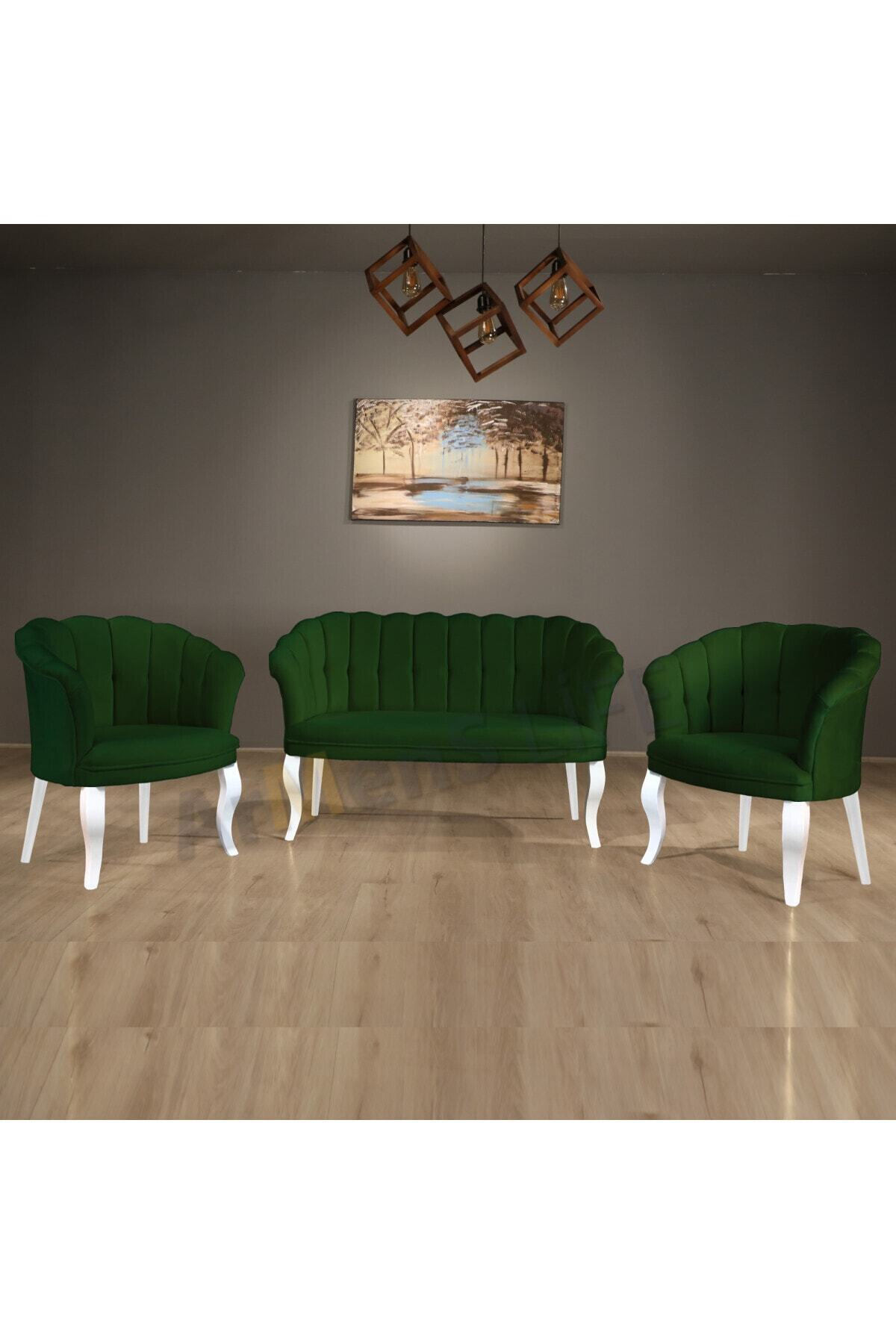 Armens Life Yeşil  2+1+1 Kollu Çay Seti Balkon Takımı Beyaz Ahşap Ayak
