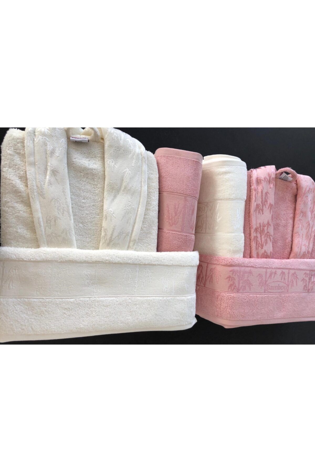 BULTEKS Bambu 6 Parça Aile Bornoz Seti Pembe & Ekru