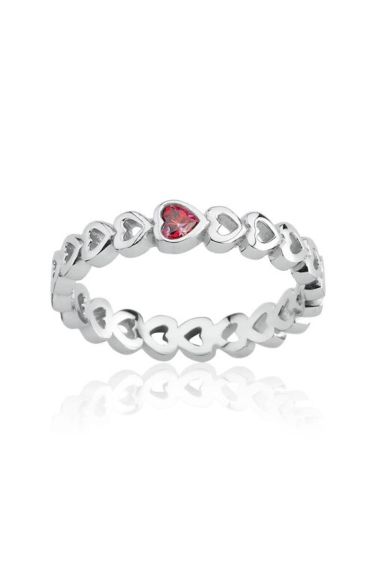 Valori Takı 0.10 Karat Swarovski Zirkon Kırmızı Kalp Taşlı, Gümüş Tamtur Yüzük